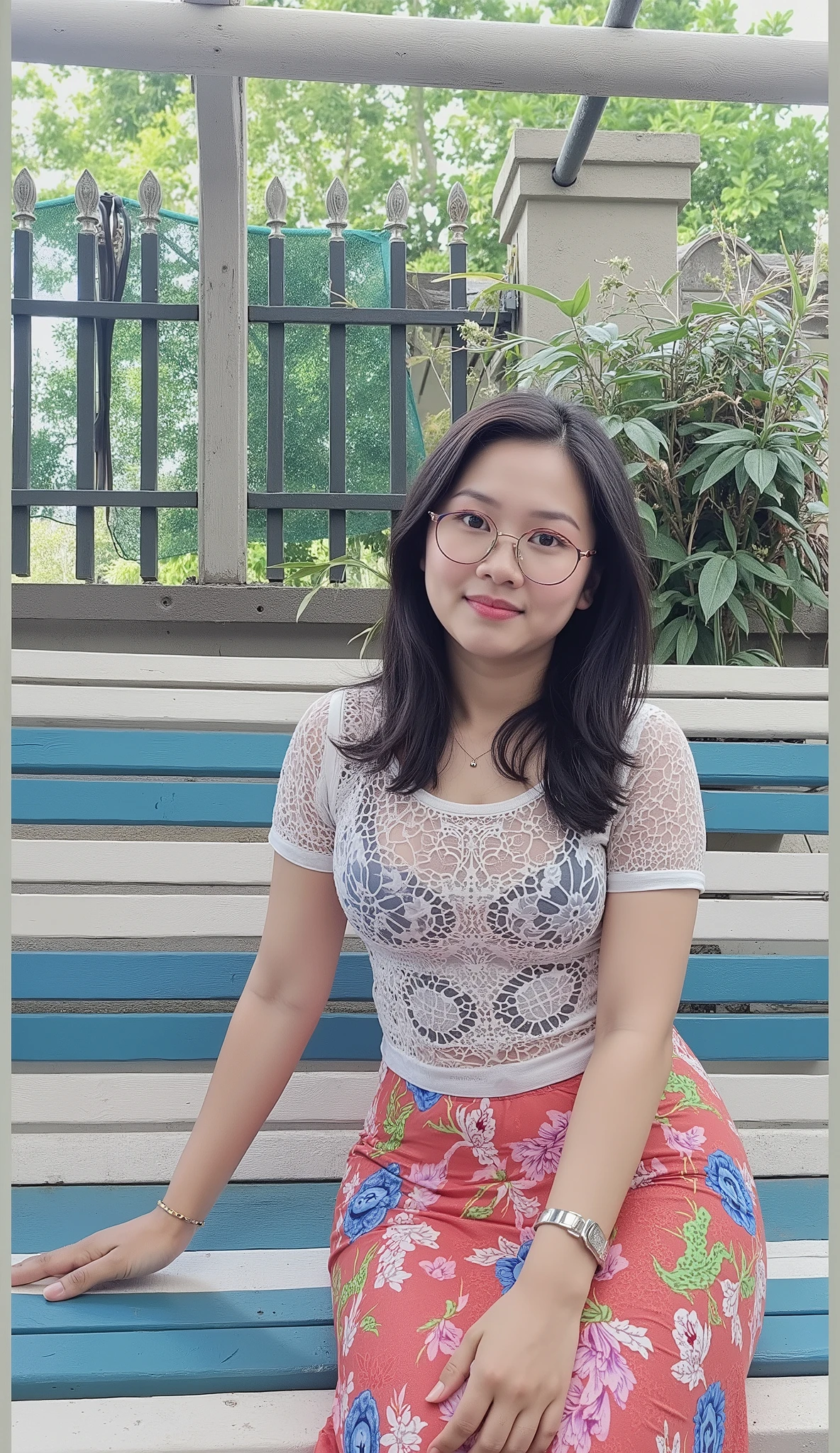 A hyper-realistic portrait of a stunning Thai woman wearing a form-fitting, ultra-tight cotton dress with intricate textile patterns, realistic fabric folds, and enhanced dress creases. The dress clings to her curvy hourglass figure, accentuating her round breasts, wide hips, and well-defined body curves. She pairs it with a transparent lace shirt, adding a delicate contrast to the solid cotton skirt. Her skin features ultra-detailed textures, lifelike pores, fine wrinkles, and natural imperfections. Her expressive almond-shaped eyes have intricate iris details, and her soft pink lips are well-defined. The high-resolution body texture showcases visible muscle tone and skin softness. The cinematic lighting enhances deep contrast, smooth gradients, and photorealistic depth, while the best color grading and masterful light balance add breathtaking visual quality. Shot in 8K resolution, with ultra-sharp focus, extreme realism, and optimized exposure to achieve the perfect contrast balance and high dynamic range.( big breasts, round breasts, small waist, wide hips, round ass, wear tight, )((hourglass body)) , perfect body, large breasts, round breasts, wear tight, detailed realistic dress texture, realistic corton patterns, [big breasts, perfect breasts shape], (beautiful breasts shape), ((large breasts)), hug breasts, round and beautiful breasts, large breasts, tight dress, dress tight with her boy, curvy body, foaming breasts, huge breasts, roundly and heavy breasts, tight dress, realistic breasts shapes and position