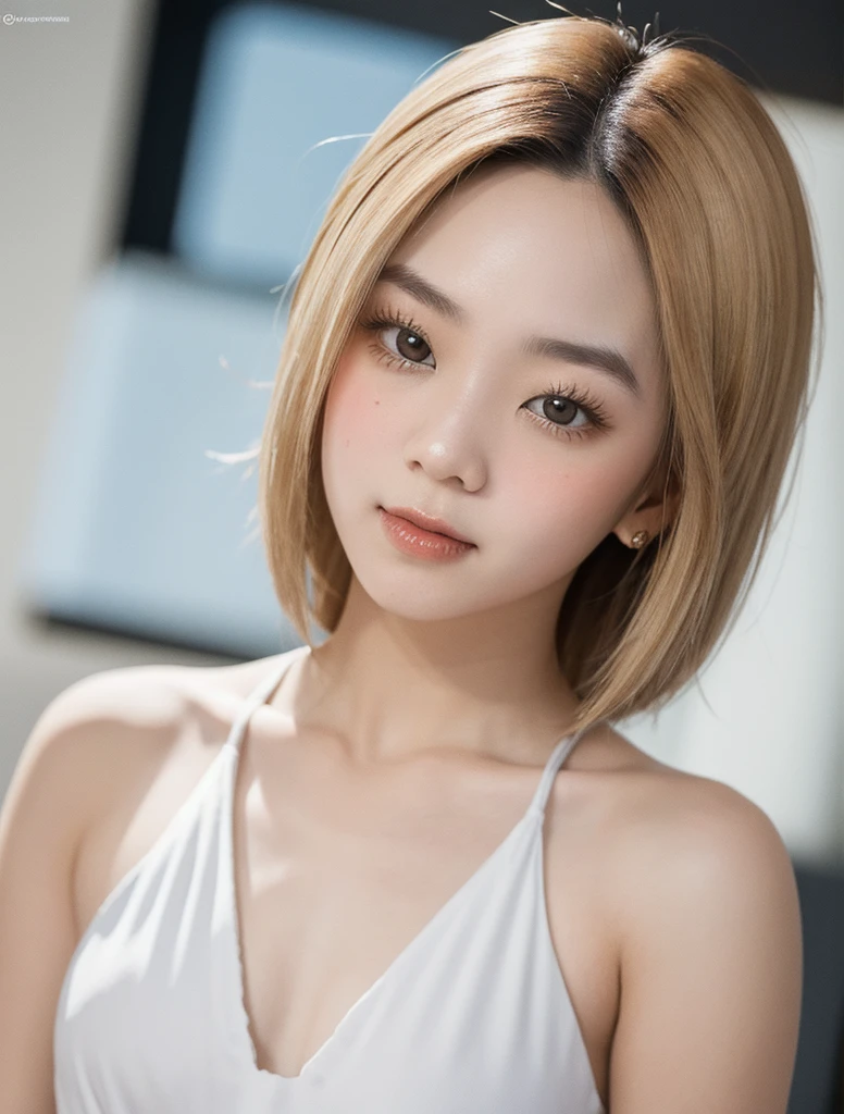 Captivating a sexy seductive and elegant thailand woman, large eyes, highly detailed eyes, tomboy haircut, white hair, seductive smirking expression , flat stomach, wearing a tight transparant bedtime dressed , confident expression,  exclusive suite room as background that adds depth to the scene, symmetrical eyes, anatomically correct , damp, cleavage , waist up pose , upper_body pose 