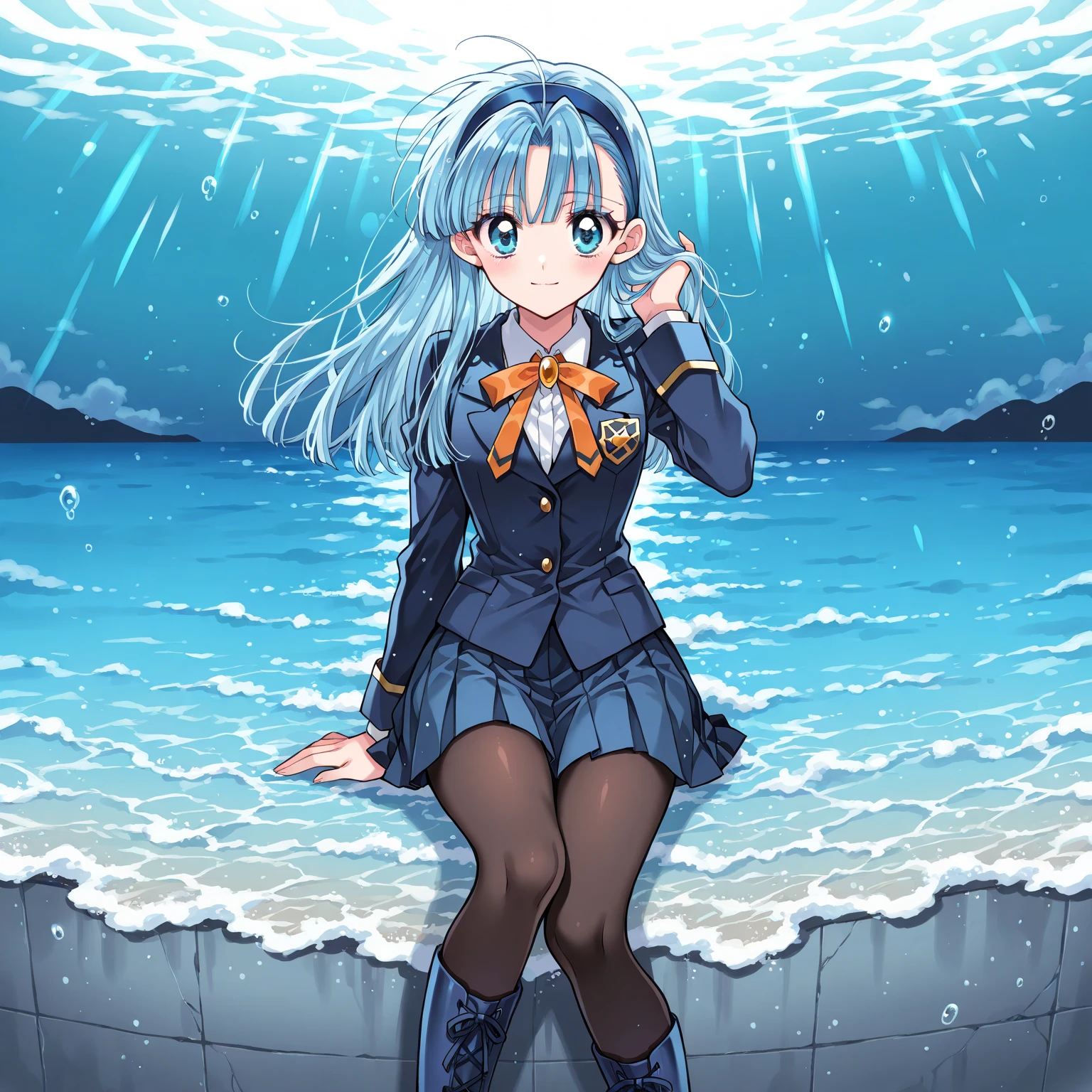 Umi Ryuuzaki - Magic Knight Rayearth, masterpiece, best quality, high quality, anime, solo, blue eyes, blue hair, blunt bangs, long hair, blue hairband, school uniform, blazer, blue jacket, long sleeves, collared shirt, orange ribbon, white shirt, blue skirt, pleated skirt, black pantyhose, blue footwear, boots, light smile, hand in own hair, ocean,(Artist:itanemura arina:1)