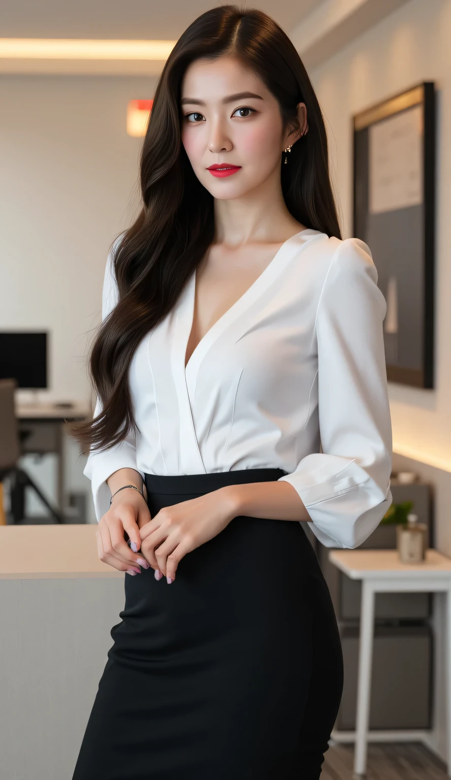 a beautiful woman,  standing in office,  using a shirt over a white skirt,  Use a long skirt to the toe of a tight pleated model of black color,  big boobs,  Judes face,  red lips