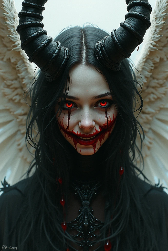 photorealistic, detailed portrait of a pale woman with horns, red glowing eyes, red lipstick, black wings, sinister smile, dark fantasy, dramatic lighting, highly detailed face, sharp focus, 8k, digital art, cinematic, mysterious, gothic, dark beauty