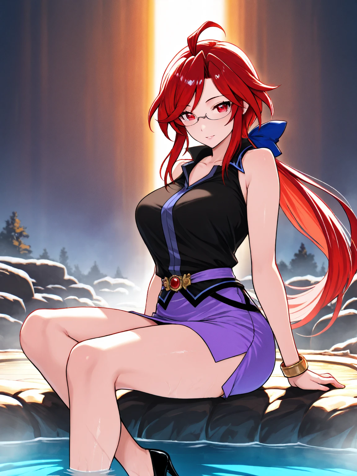 Sexy,Zelda,red hair,blue eyes, purple sport bra,blue yoga pants,big
