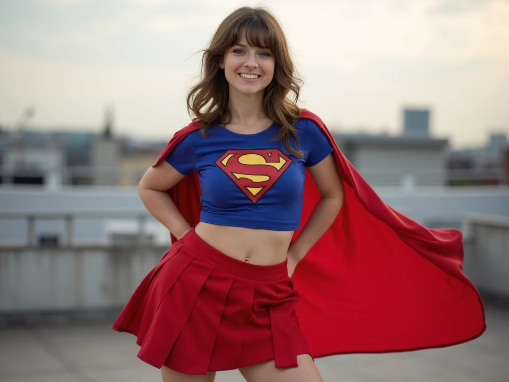 RAW, Best quality, high resolution, realistic, masterpiece: 1.3), emma watson as Supergirl, black hair, perfect nose,perfect lips, perfect eyes, smiling, detail :1.2),1 supergirl in short red skirt, shinny blue skinsuit, full body image detail, watery eyes, RAW, Best quality, high resolution, masterpiece, soft smile, sitting high on the fence, spread legs wide open showing white lace panties, red skirt, show cameltoe, medium thick thigh, supergirl, outdoor Vancouver city, cloudy weather, full body picture.