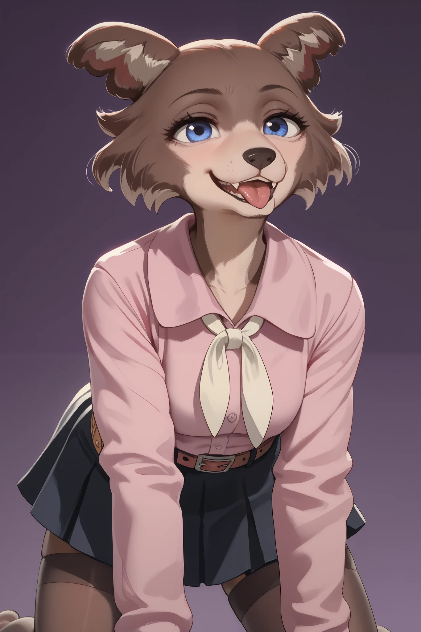 eastnik_anime, fluffy, detailed background, lighting, brown fur, blue eye color, pink shirt , skirt, stockings, belt, tights , веснушки on face, neutral expression, smug eyes , ( happy, groan with her mouth open and her tongue out), she's on all fours on the ground, purple background , simple background