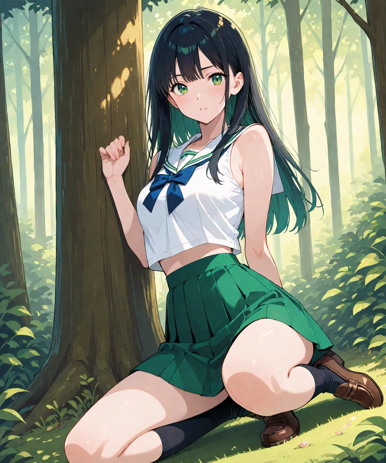 ((1 loli with sexy school clothes, mini skirt)),((silent breasts)),((happy face, in a forest)),((walking, wet pussy, erect nipples)),((hair very large pubic hair)),((big black hair with a short ponytail, with very large bangs covering the face, eyes closed)),((facing the viewer, in a forest)),