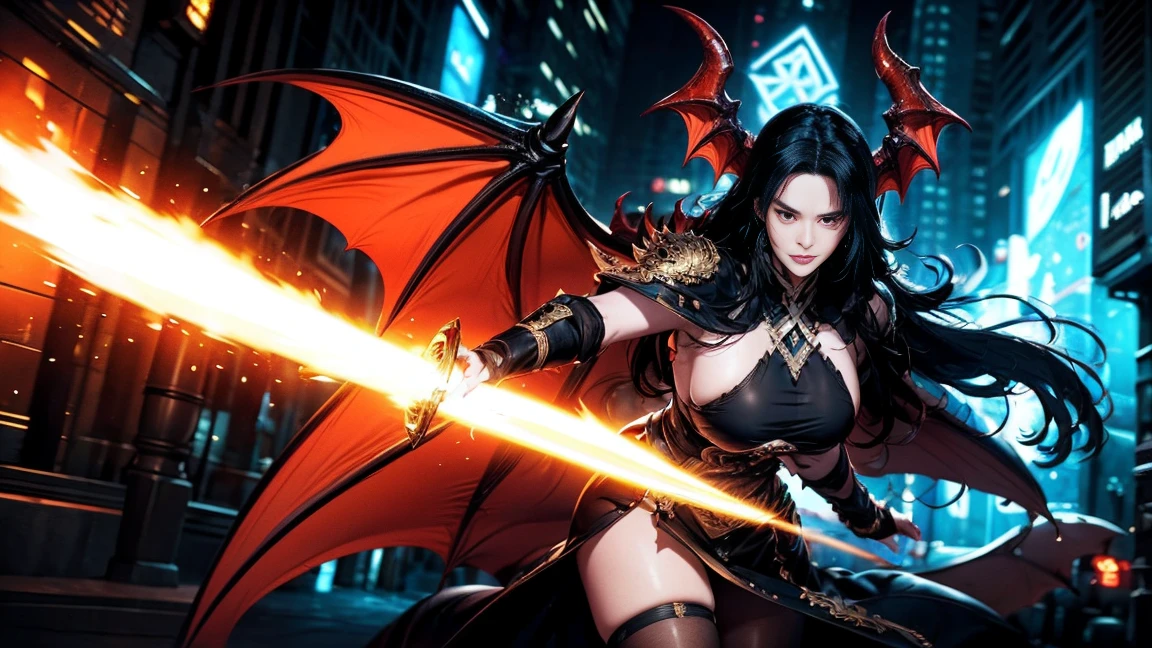 Professional , ​masterpiece、top-quality、photos realistic , depth of fields 、Idle Smile、maikurobikini、（Micro Bikini Armor)、Mystical expression、（cleavage of the breast）、Jewel Gold Weapon、Particles of light),Huge arsenal of gorgeous gold ,（（ Dragon Protector （realisticlying：1.4），）） , （demonic wings）   ,warhammer 40k 、（（A dark-haired））、（demonic wings）、20 years girl、（（Gangle's forest background））、Beautiful Caucasian beauty、１a person、dynamic ungle,(((Two devil's horns on the head)))、Smaller head、Idle Smile、Thin and beautiful female hands、cleavage of the breast、Mystical expression、Light Effects、intense fighting、Wind-effect、magic circles、Dragon's tail、knee、Toostock、red tattoo、
