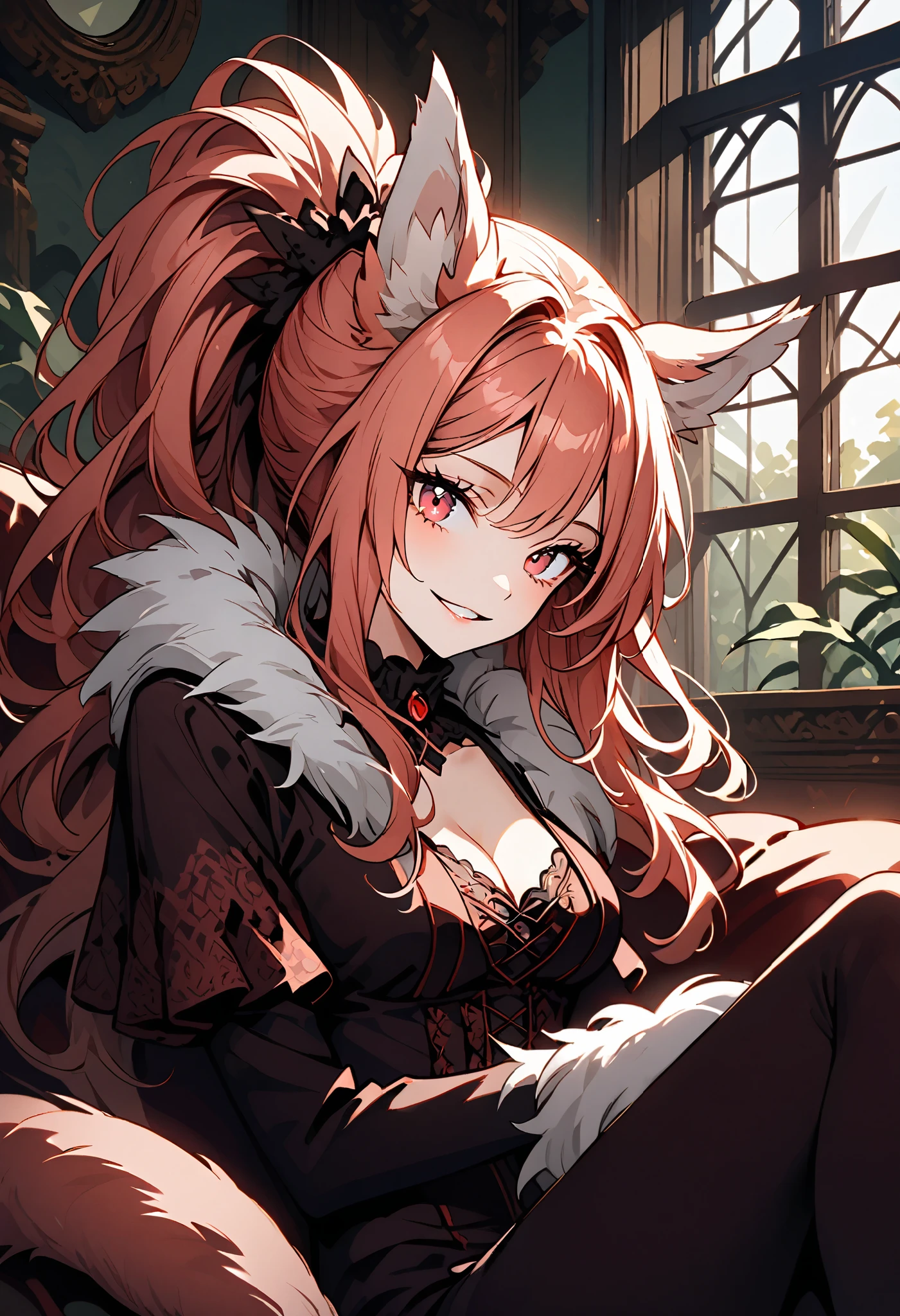 solo, close up, female, red eyes, light red hair, long wavy hair, ponytail, neat straight hair, ManticoreMGE, monster girl, tail, animal ears, fur, wings, claws, Victorian, young lady, sitting, velvet couch, looking at viewer, lounging clothes, from side, wide smile, indoors, head tilt, excited, tomboy, tight clothes, playful, energetic, sunny, indoors, cleavage, large breasts, slim waist, sunroom, day, light