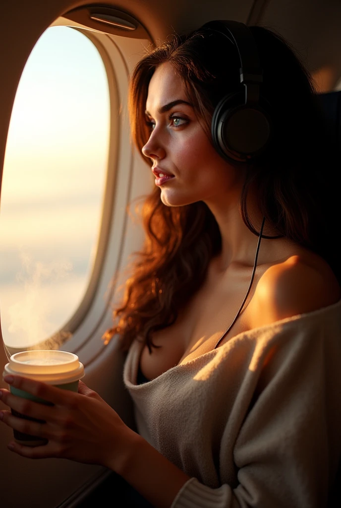 detailed, concentrated, Professional lighting, Very beautiful women(curvy body), outside airport next to the plane, long hair, curve body, wearing white blouse and jeans, sun glasses, headphones, Full body image, sitting inside the plane, lights from the sunset on her face.