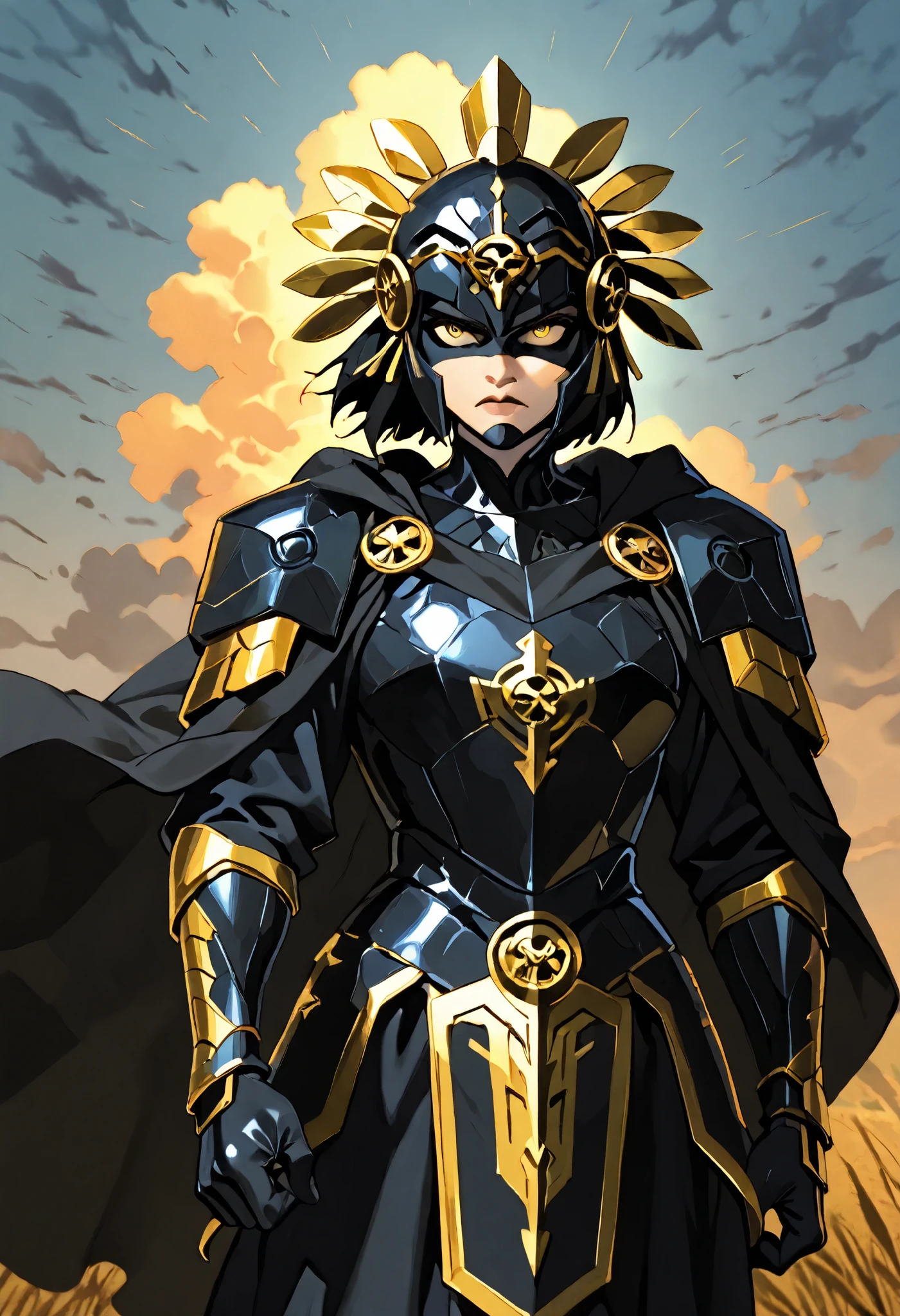 1 girl, cartoon style, serious gesture, Cartoon carácter, comic style, incredible image at sunset, black eyes mask, wind, a fantastic and surreal setting of a world shrouded in darkness and lies, baggy clothes under her armor, ceremonial war painting, the art is spectacular with a drawing style, dark suite, her presence imposes over everything, fully dressed, black paint over her yellow eyes, black short cape, black Aztec helmet, Aztec war army, armor, armored on the outside, Shoulder pads, war gloves, raising her hand towards the sky, in a symbolic Pose of hope and strength rising above the chaos, she is beautiful but modest. and highlights the simplicity of his person,