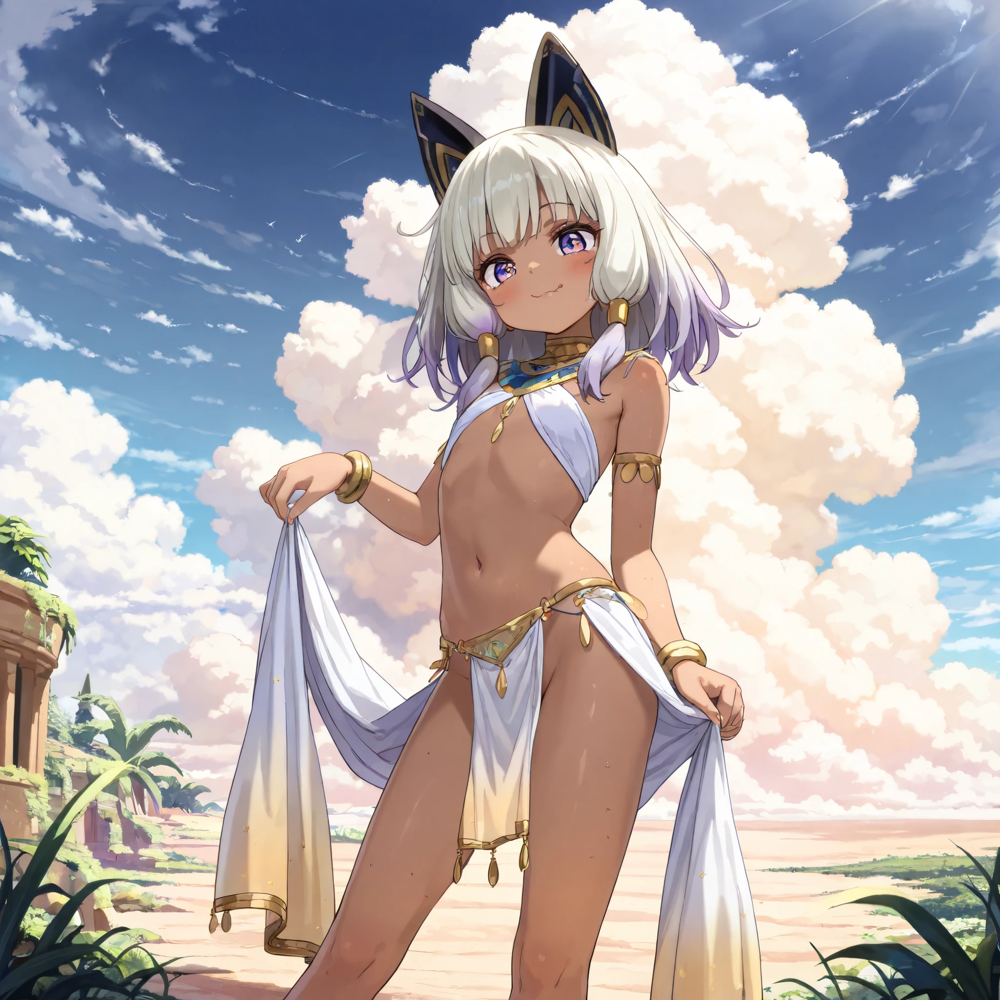 ((Masterpiece)), ((best quality)), (8K), (wide shot), cinematic lighting, (detailed background:1.2), (super detail:1.2),(High Definition:1.3), (Professional Photography:1.2), (very aesthetic:1.2), (absurdres:1.2), (sharp focus), ((1girl)), Textured skin,((kawaii)), Egyptian girl, (pale purple eyes, gradient eyes, upturned eyes), (naughty smile), cute eyes, (put on cat ears), (dancer costume, chest curtains), ((trival long loincloth)), dark skin, (Healthy body), slim body, (platinum-gold hair), ((messy long bangs)), gradient hair, blue color Hair Tip, (medium hair), BREAK, (tilt head), (ancient ruined overgrown), (cute cheeks), glossy lips, pouty lips, (lower eyelashes), colorful eyes, round eyes, Large Cumulonimbus Clouds, (contrapposto, legs apart),