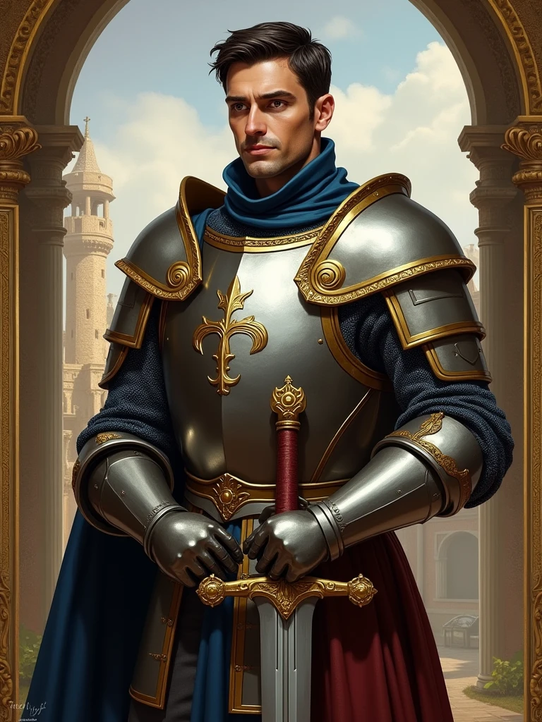 modelshoot style, (highly detailed CG unity 8k wallpapers), body photos of the most beautiful artworks in the world, medieval armor, body portraits, masculinity, professional majestic oil paintings by Ed Blinkey, Atey Ghailan, Studio Ghibli, Jeremy Mann, Greg Manchess, Antonio Moro, Trending on ArtStation, Trending on CGSociety, Intricate, High Detail, Sharp focus, dramatic, photorealistic painting art by midjourney and greg rutkowski, Middle Age Male Knight, Honor