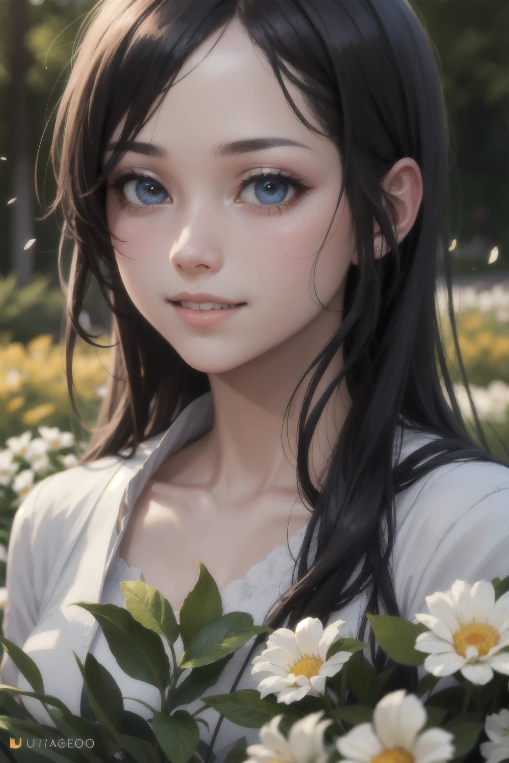 (: 1.5), lace, ribbon, Hanfu, (Masterpiece, side lights, Delicate and beautiful gray eyes: 1.2), Masterpiece, realistic, glowing eyes, shiny hair, dark hair, long hair, Shiny skin, alone, bearish, strapless, Delicate, beautiful, garden, flower, petals fluttering,