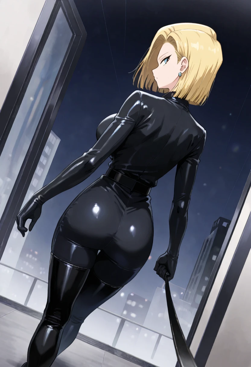 one girl , Alone, Android 18, black latex bodysuit , black boots, blck thigh boots、 black tights、evil, look behind, from behind、 general , Masterpiece, top quality, So Aesthetic , anime screen capture , Big Breasts、 dutch angle, general , Masterpiece, top quality, So Aesthetic ,viewer_on_leash, viewer on leash, POV at boots, walking, arms along the body