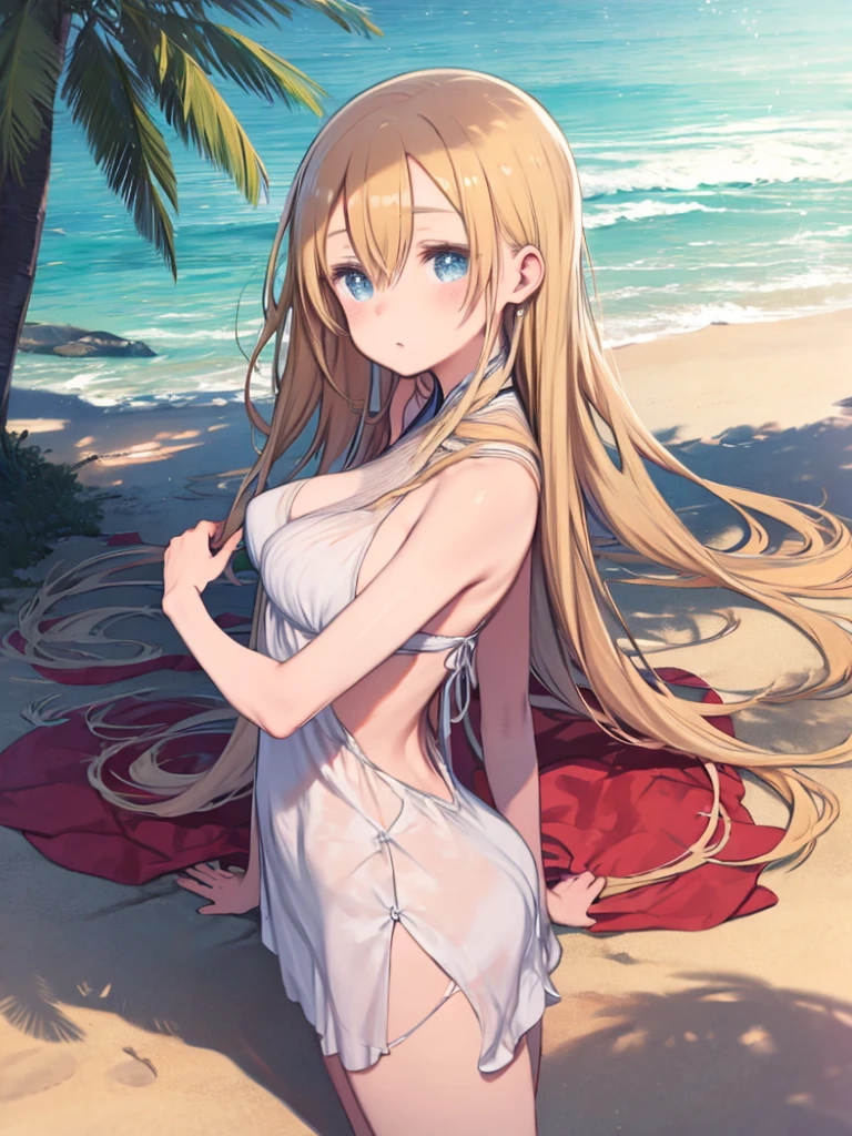 ((Biologically correct limb count))、(( Illustrations including faces))、4K、Masterpiece、((Focus on the face))、((Symmetrical, well-proportioned facial features))、Eyes with delicate depictions、Beautiful woman、Outstanding style、Slender Body、(Pareo、bikini、High heels、((skirt)))、(Looking up)、((Realistic photo))、（The background is a beach with palm trees.）、Look Up、Photo with white border、Upper body close-up、smile、Back view
