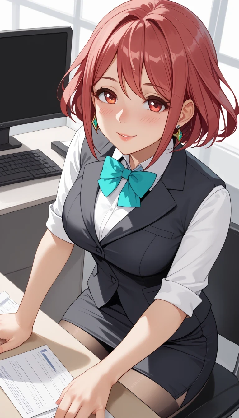 score_9, score_8_up, score_7_up, source_ anime、Best Quality、8k、 masterpiece、Ultra High Resolution、natural light、perfect anatomy、one woman、perfect eye、 pretty eyes、My eyes have highlights、(Pyra )、cute face、(office lady、 office suit、wear a big bow around my neck:1.5、Micro Skirt)、pantyhose