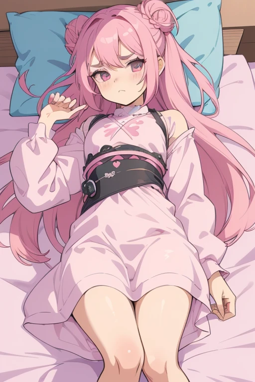 1girl, long pink hair, red eyes, slim body, small chest size, wearing white pajamas, sitting on bed in room like student dorm, absurdres, high res, ultrasharp, 8K, masterpiece, looking at viewer