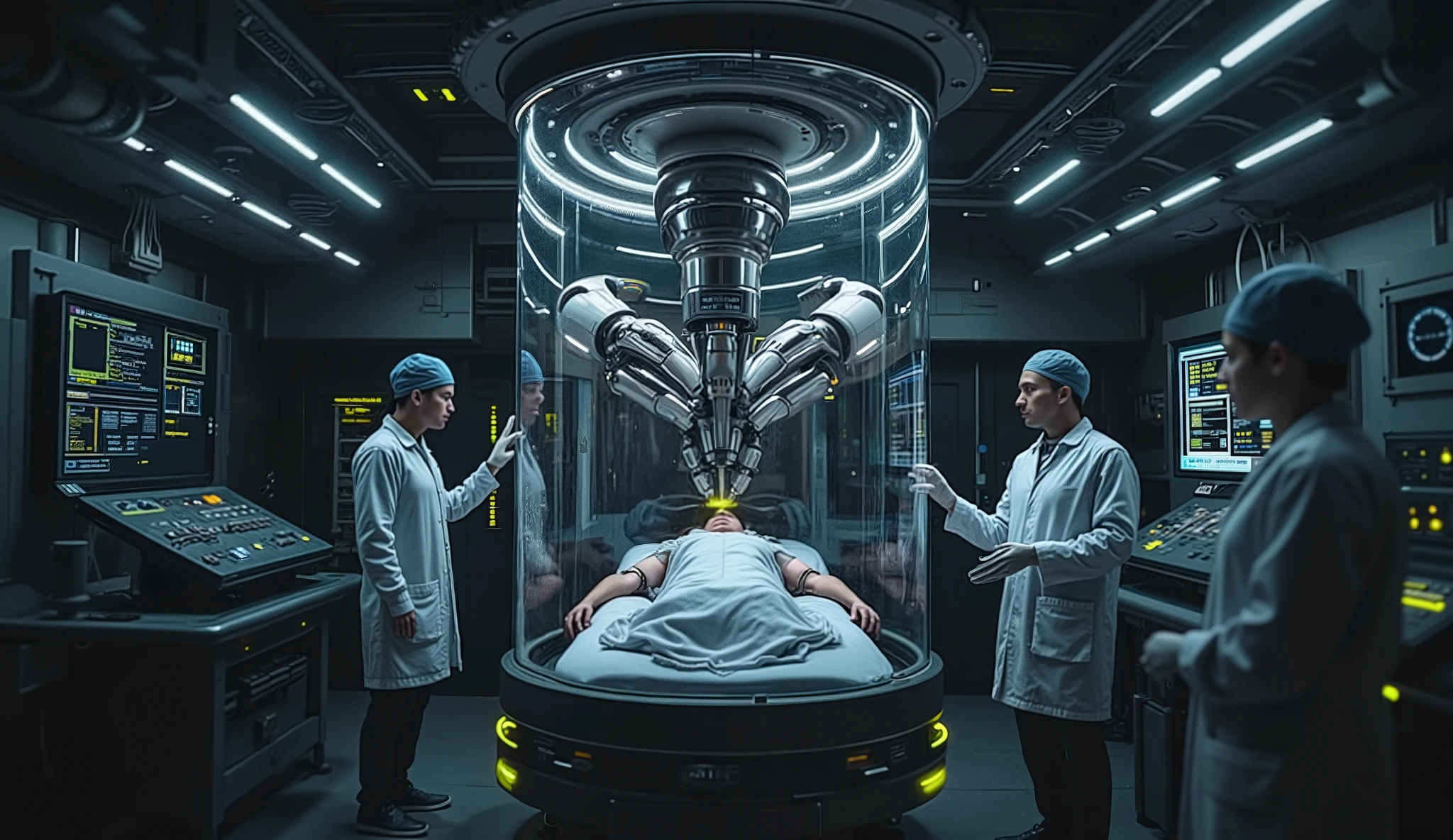 Close-up of an urn for curing diseases in the future, scanner and touch panels, with a stretcher where there is a person lying down and the transparent glass urn, with robotic arms inside for operations, super technological and futuristic, holograms, in a super futuristic room, with scientists and doctors.
