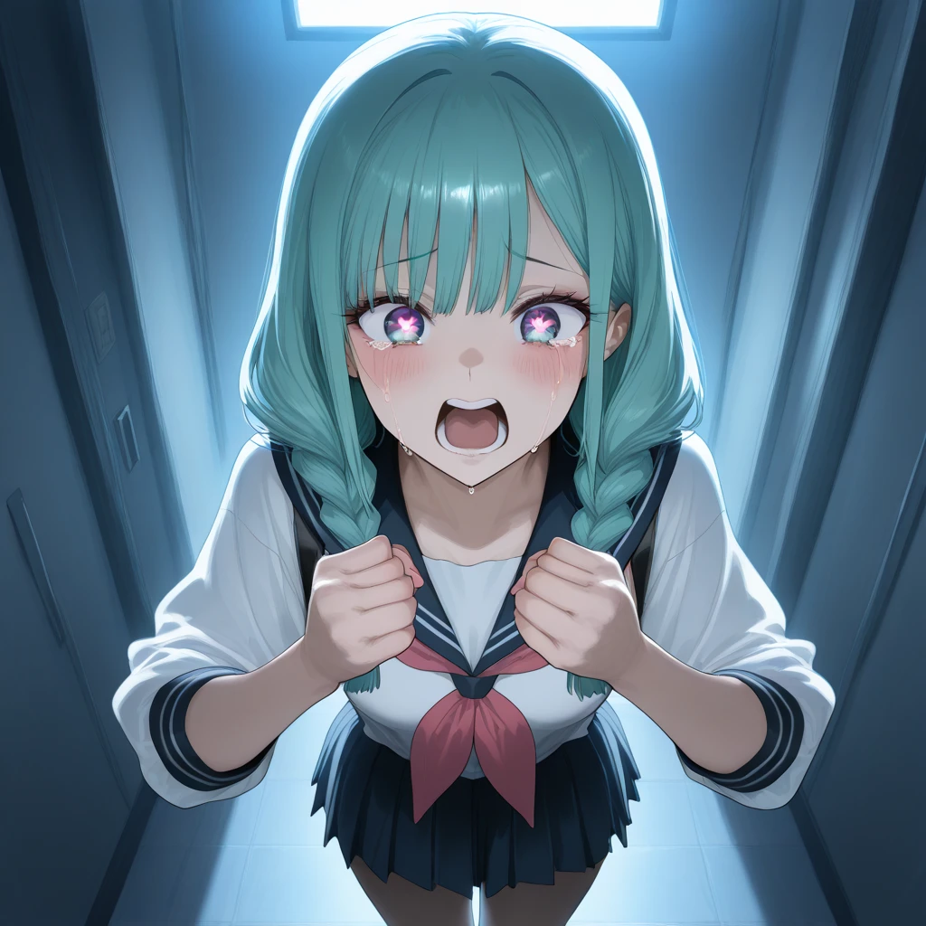 Cute anime girl, with blood on her clothes that she has baggy clothes and a pastel pink shirt with a light pastel pink skirt with slippers and a dead woman in front of her and that the background is dark and gloomy, For her appearance I want the girl to be very happy about the murder and with white hair, blue eyes, blue eyelashes and blue eyebrows with hands and legs .