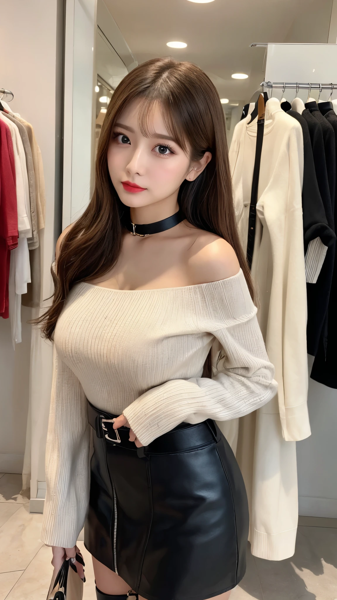 ((Night view, realistic light, best quality, 8k, masterpiece: 1.3)), 1girl, pretty woman with slim figure: 1.4, (brown hair, medium breasts: 1.3), short skirt thighs, off-the-shoulder cut top: 1.3, sofa, super detailed face, detailed eyes, double eyelids