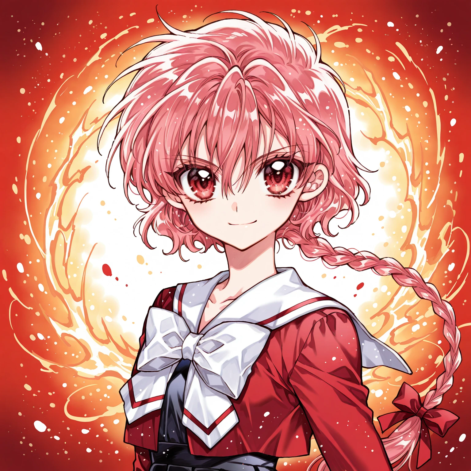Hikaru Shidou - Magic Knight Rayearth, masterpiece, masterpiece, best quality, high quality, anime, solo, smile, standing, (portrait:1.2), fire background, confident, red eyes, red hair, braided ponytail, hair between eyes, long braid, long hair, single braid, school uniform, serafuku, white bowtie, white sailor collar, red shirt, red bow, ribbon, long sleeves, black skirt, pleated skirt,(Artist:itanemura arina:1)