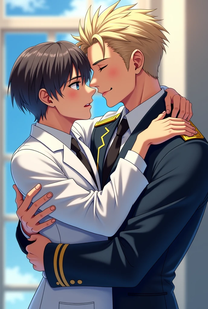 A domineering soldier forcefully pulling a scientist onto his lap, intimate male-male romance, bright, fresh atmosphere, handsome characters, anime style, manhwa aesthetic
