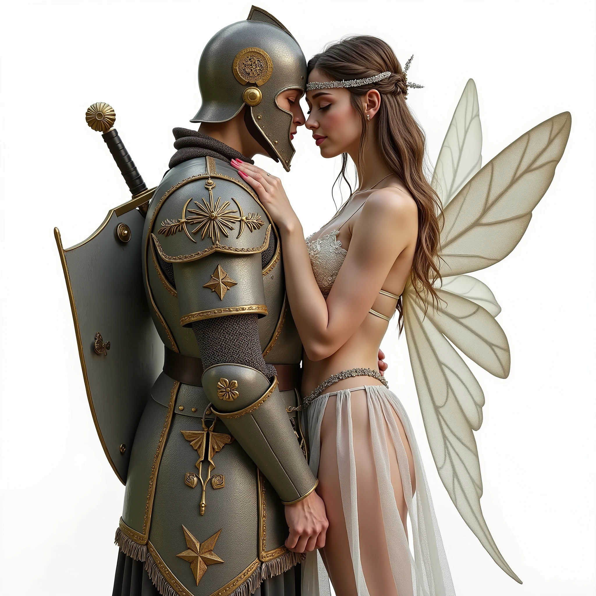 Full body shot photo, of a couple hugging each other in a cinematic way, This couple belongs to a fairy (The girl), and a very realistic medieval knight (The boy), As well as from a magical tale. The fairy has: very few clothes, long black hair,  with a shiny tiara ,  an angelic face , slightly pointed ears with shiny earrings, a very slender body, beautiful fairy wings,  big and shiny , It has accessories such as amulets. The man has :  a medieval knight's helmet armor made of steel with many details carved in gold, a large shield , a beautiful and carved sword which has a sheath,  this photo is very realistic, has the details of both are very realistic, The textures of clothes, every realistic detail, 4k, They have studio lighting, are on a completely white background, and their complete bodies are seen in full view 