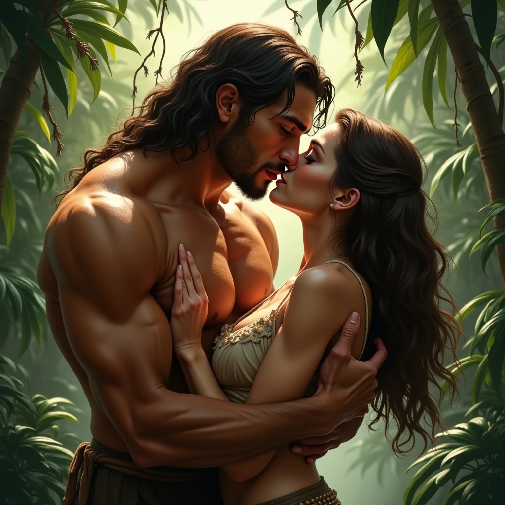 Tarzan and Jane sitting in a tree in a jungle, Monica  Bellucci as Jane, smiling, completely naked, long hair covering her breasts, Henry Cavill as Tarzan, laughing, dense forest in the background, upper body, front view, well lighted, high resolution