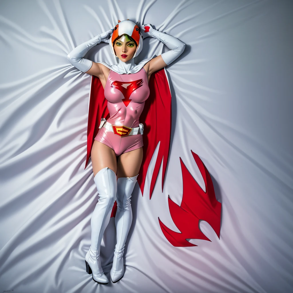 ANI_CLASSIC_jun_gatchaman_ownwaifu,1girl, 16 years old,good anatomy, masterpiece, best quality,realistic, hyperrealistic, 16k hdr,breasts,green eyes,lips,large breasts,lipstick,makeup,gloves,cape,helmet,belt,elbow gloves,white gloves,mask,ultra miniskirt,leotard,spacesuit,white tight overknee highheels boots,pink dress,superhero,bodysuit,cleavage,erected nipples,((jumping poses,arms up straight)),cameltoe