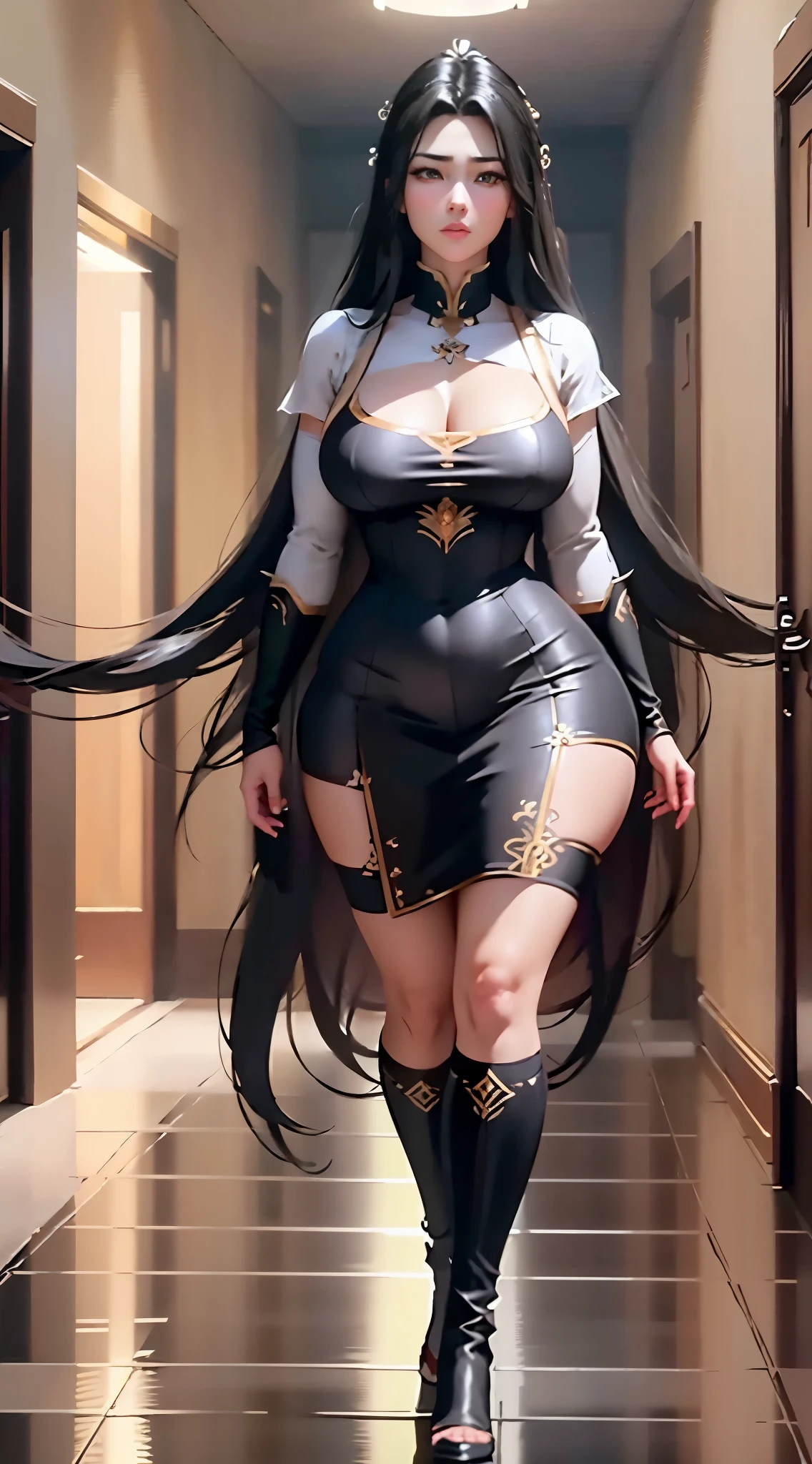 Unreal Engine 5 Realistic Rendering, Excellent, black hair, golden eyes, red group, looking up, Donghua character, cosplayer, walking down hallway of Holy palace, beautiful face, makeup, top body is hyper realistic thicc muscular and hyper largest_breasts!! with the type of _melons, lower is huge buttocks, jealous, hair, red theme, bokeh, masterpiece, highres, 1080P, UHD, masterpiece