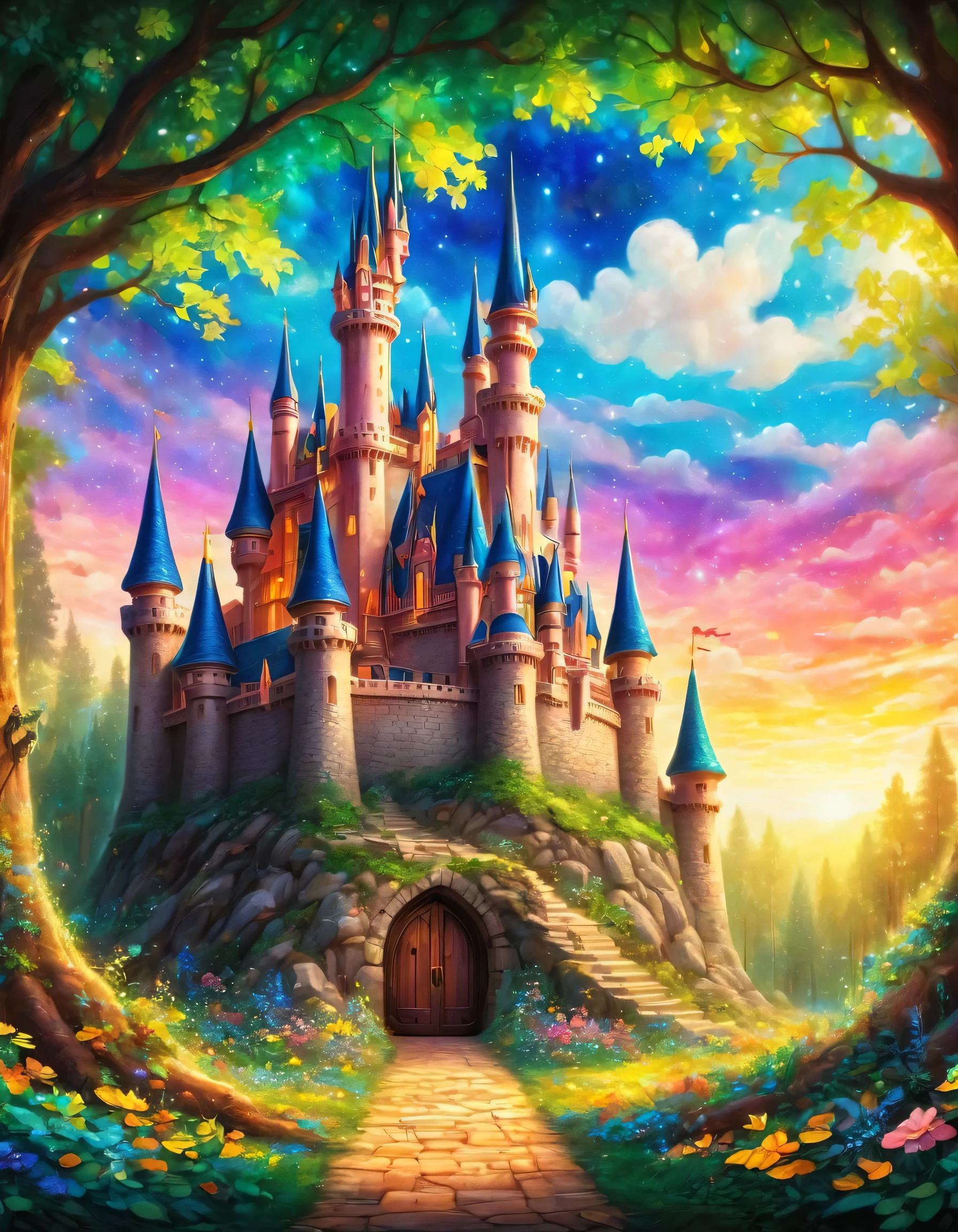 a stained glass picture of a castle in the woods, a detailed painting inspired by disney, shutterstock, process art, disney art, stained glass art, magical castle, disney inspired landscape, golden twilight stained glass, fairytale artwork, stained glass style, glowing stained glass backdrop, disney art style, detailed dreamscape, dreamy and detailed, disney concept art, disney artist