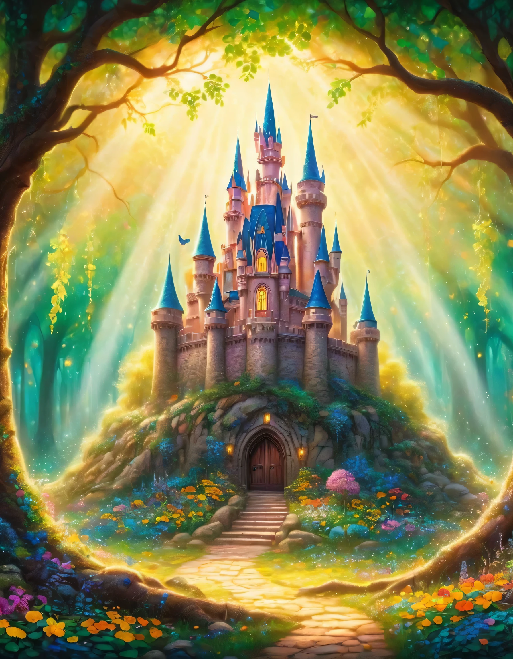 a stained glass picture of a castle in the woods, a detailed painting inspired by disney, shutterstock, process art, disney art, stained glass art, magical castle, disney inspired landscape, golden twilight stained glass, fairytale artwork, stained glass style, glowing stained glass backdrop, disney art style, detailed dreamscape, dreamy and detailed, disney concept art, disney artist