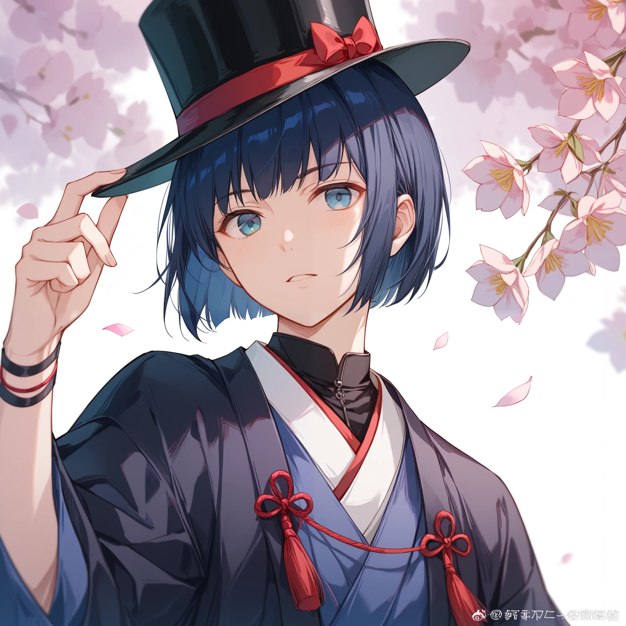 Soft Line、high quality that exudes a sense of impatience、top hat、Hat and ribbon、Gothic Clothing、Peach blossoms in the background 、Doll's Festival、 little character、1 boy、short hair、 black hair、bob cut with skindent、light blue hair tied at the top、kimono-like clothes、Japanese anime style illustration、 watercolor style、