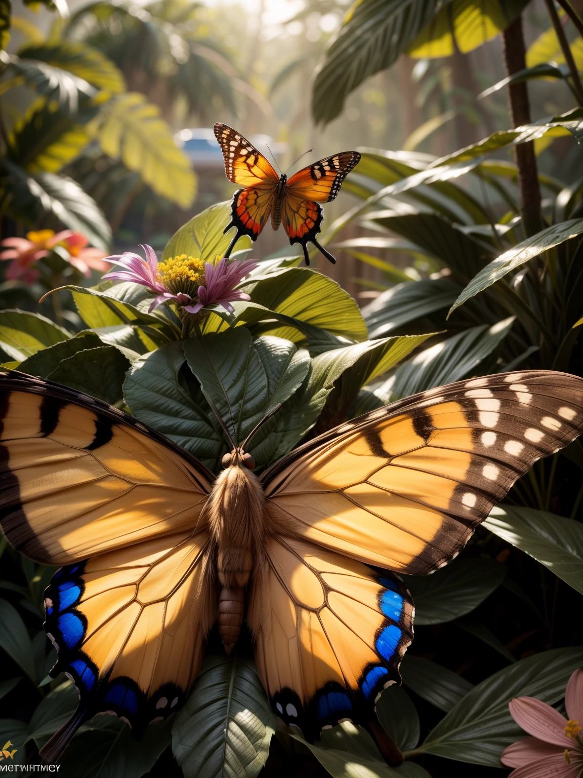 a very colorful butterfly with vibrant wings, flying from flower to flower, 4k, high resolution, detailed, realistic, photorealistic, masterpiece, lush tropical garden, sun dappled, vibrant colors, dynamic composition, intricate details, soft focus, bokeh background, delicate petals, golden hour lighting, nature photography