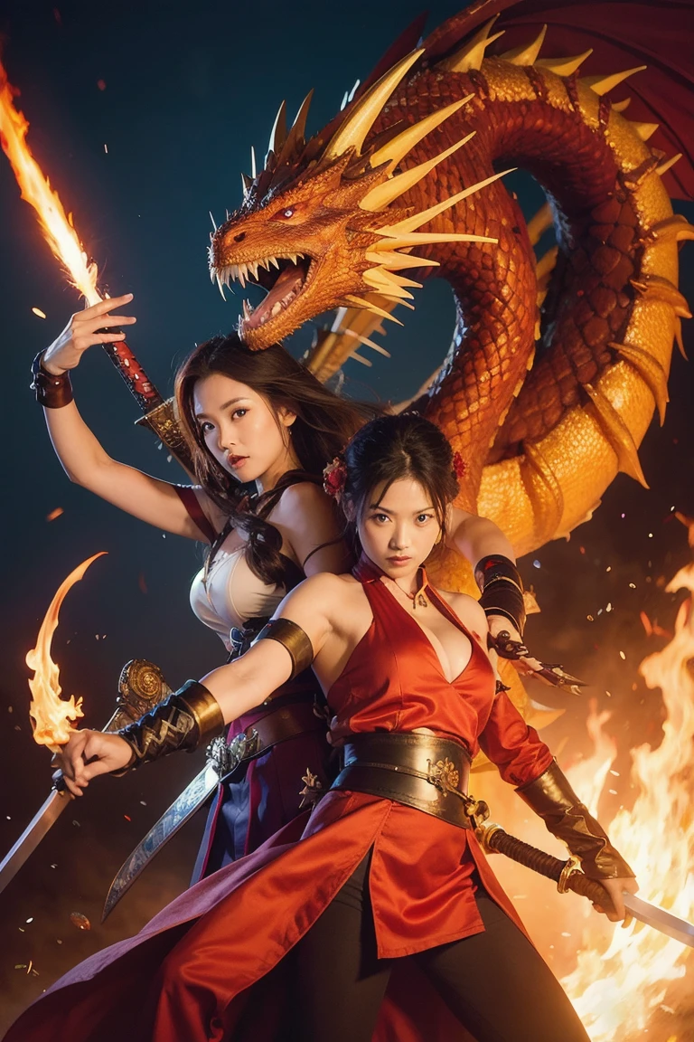Professional , ​masterpiece、top-quality、photos realistic , depth of fields 、（Dragon Red Metal Body:1.９),(Enamel Red、（cleavage of the breast）、Dragon Gold Weapon、（Red Micro Bikini Armor:1.４),Gorgeous gold weapons ,（（ Dragon's dense and gorgeous sword）） , （demonic wings）、（（a blond））、（Castle background）、（（Gangle's forest background））、（（Fight dragons））、Beautiful Caucasian beauty、１a person、dynamic ungle,(((Detailed and ornate dragon helmet)))、Smaller head、A smile、Castle background、Thin and beautiful female hands、cleavage of the breast、Soldier in iron armor on background、Mystical expression、Light Effects、intense fighting、Wind-effect、magic circles、With the legendary magic wand、Dragon's tail、explosions、Anatomically correct body、