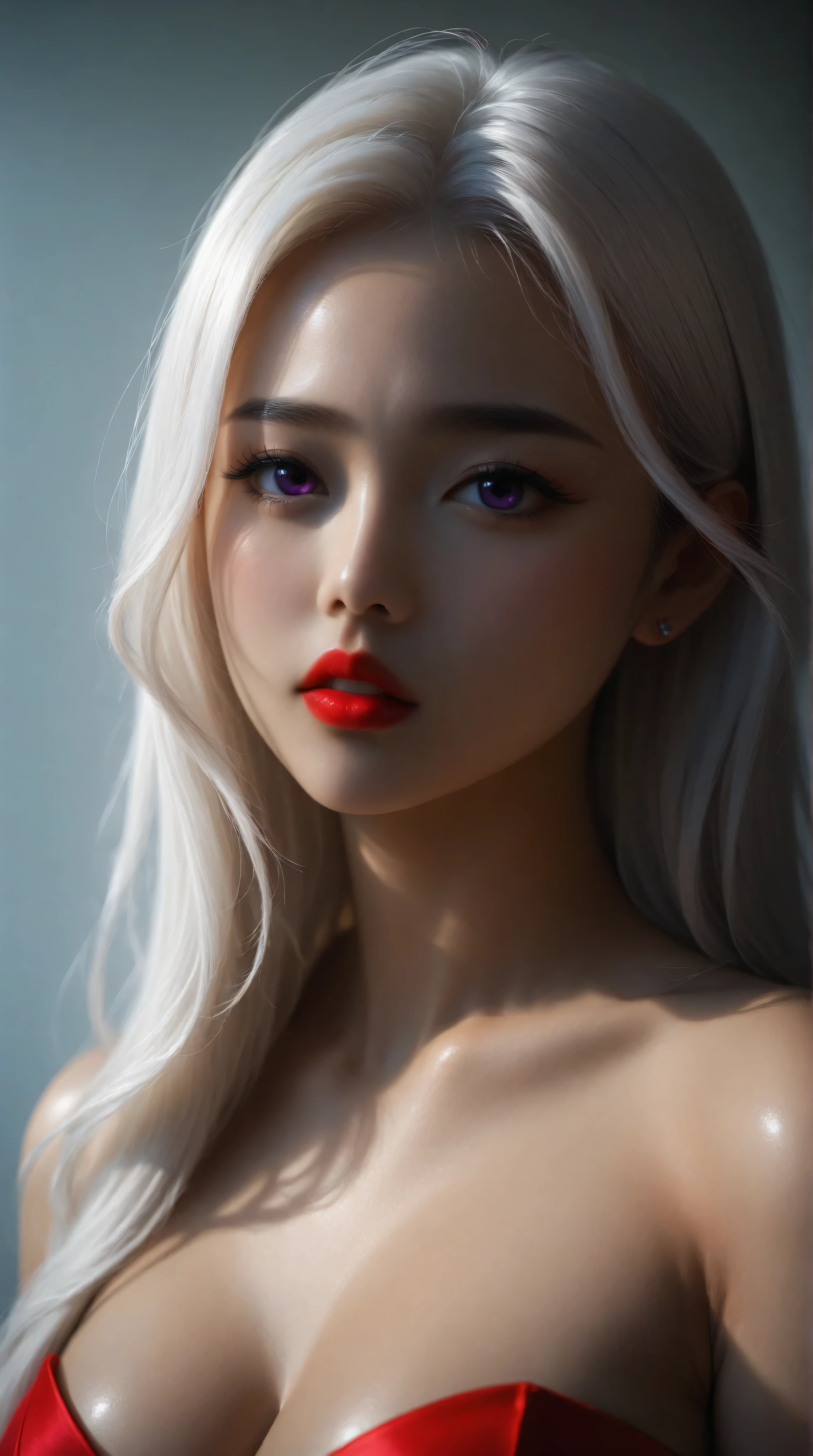 A beautiful asian woman with long straight white hair, straight bangs, big purple eyes, red lips, big breasts, shiny skin, and very pronounced cleavage stands facing viewer, though an extremely modern girl dressed in modern colorful fashion who could be mistaken for a kpop superstar, brutalist architecture, minimalist design, (ulzzang), manga, anime, hyperreal, ultra detailed, 16k, shy, submissive, dynamic pose,