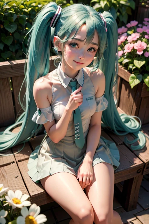(big), squint, Drunk Eyes, Hatsune Miku, Outdoor、((Support your thighs with both hands and spread your legs:1.5))、