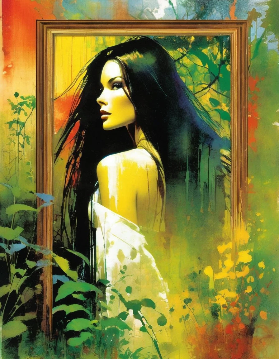 Woman with long brown hair, completely covered in plants, walks through a dark, lush forest, fused with plants. (art inspired by Bill Sienkiewicz). oil painting)