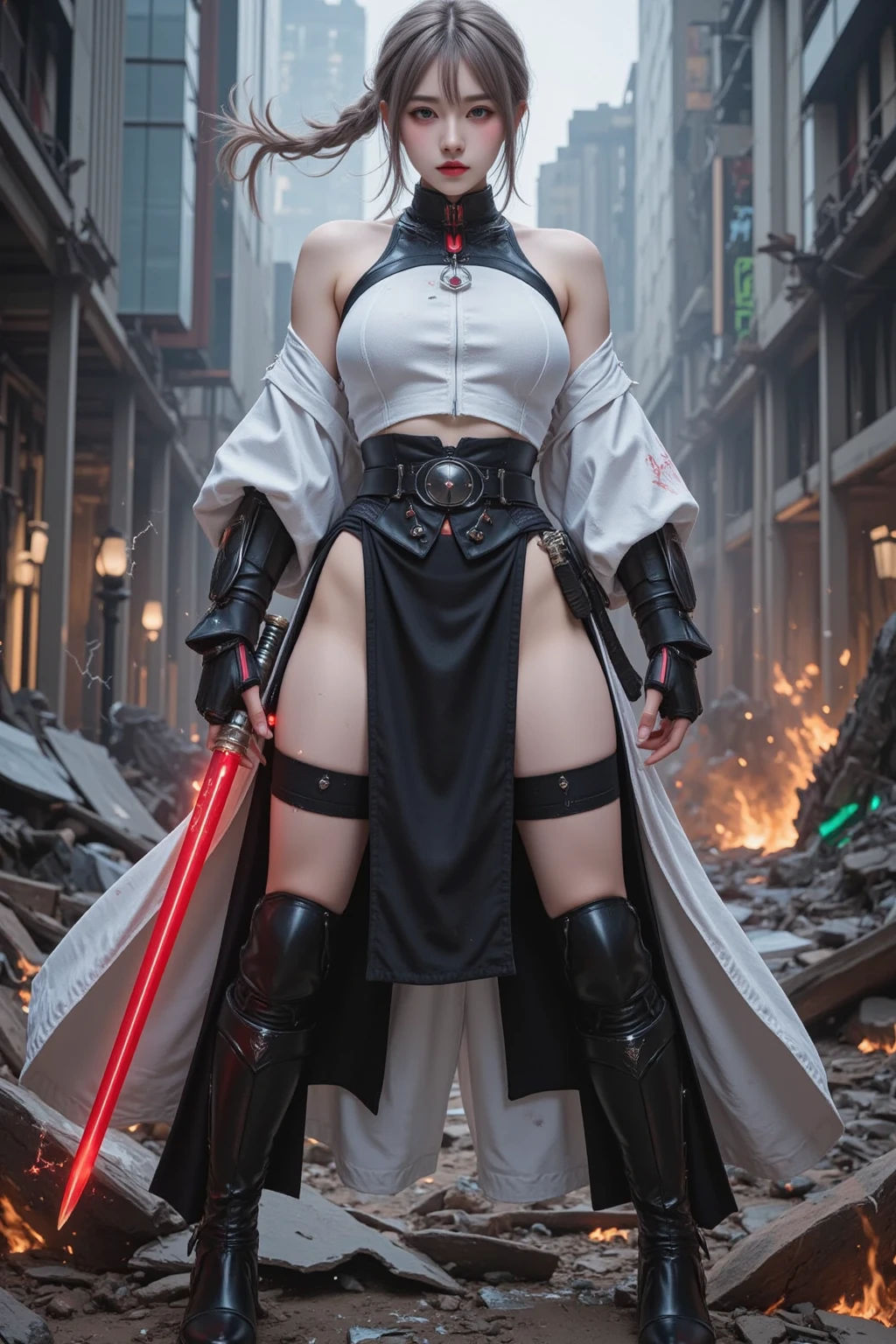 (((beautiful))),yulha,smiling,hair ornament, white coat, black gloves, red shirt, cleavage, leotard, belt, black pants,sharp teeth,huge breasts,(((shiny skin))), ((intricate details)), hdr, ((intricate details, hyperdetailed)), cinematic shot, (((walking in the cyberpunk street))), vignette, art by alphonso mucha