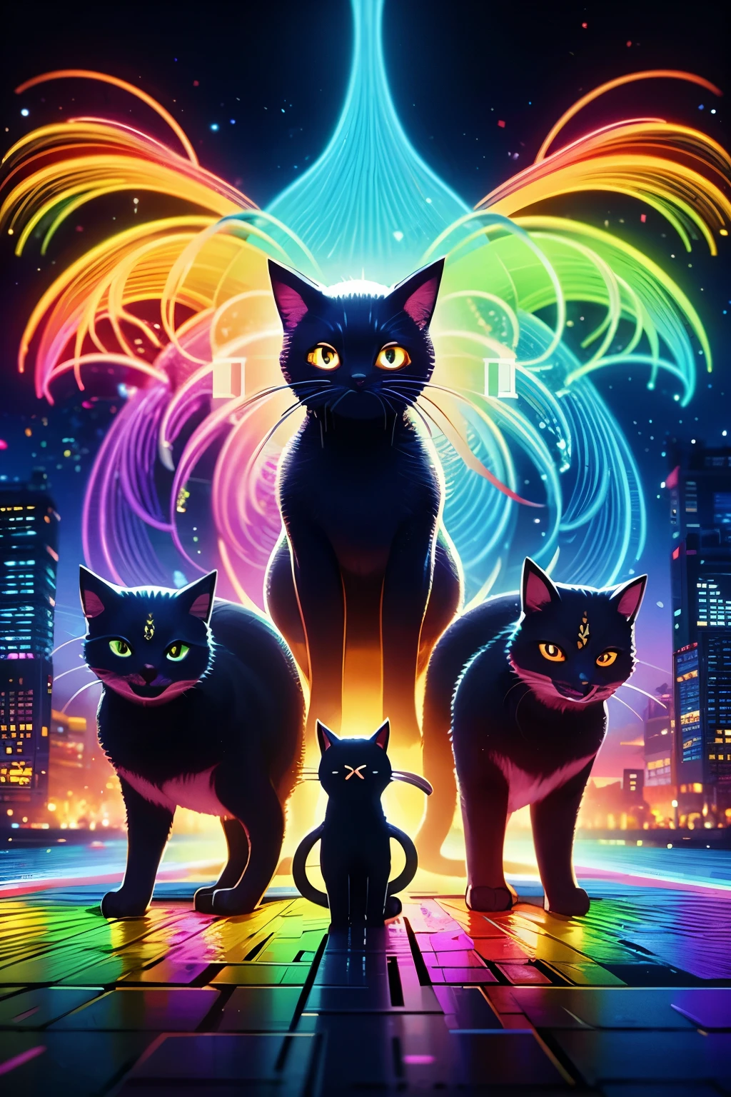 best quality, beautiful, A cat, concept art, full body shot, medium shot, black background, rainbow, rainbow gradient, black、Black Cat