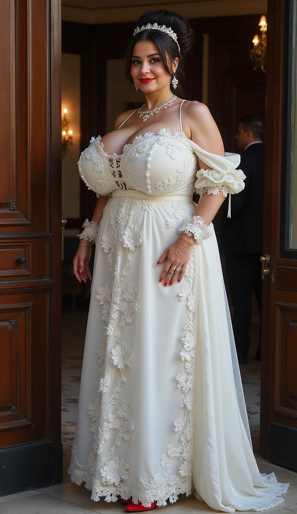 ((Best quality, 8k, Masterpiece :1.3)), (realistic, photorealistic:1.4)A pretty woman with perfect figure :1.4, (huge breasts, gigantic breasts:1.4), beautiful, (detailed), smile, (bright:1.4), pretty woman, luxury dress, ((loose gown:1.3)), revealing outfit,