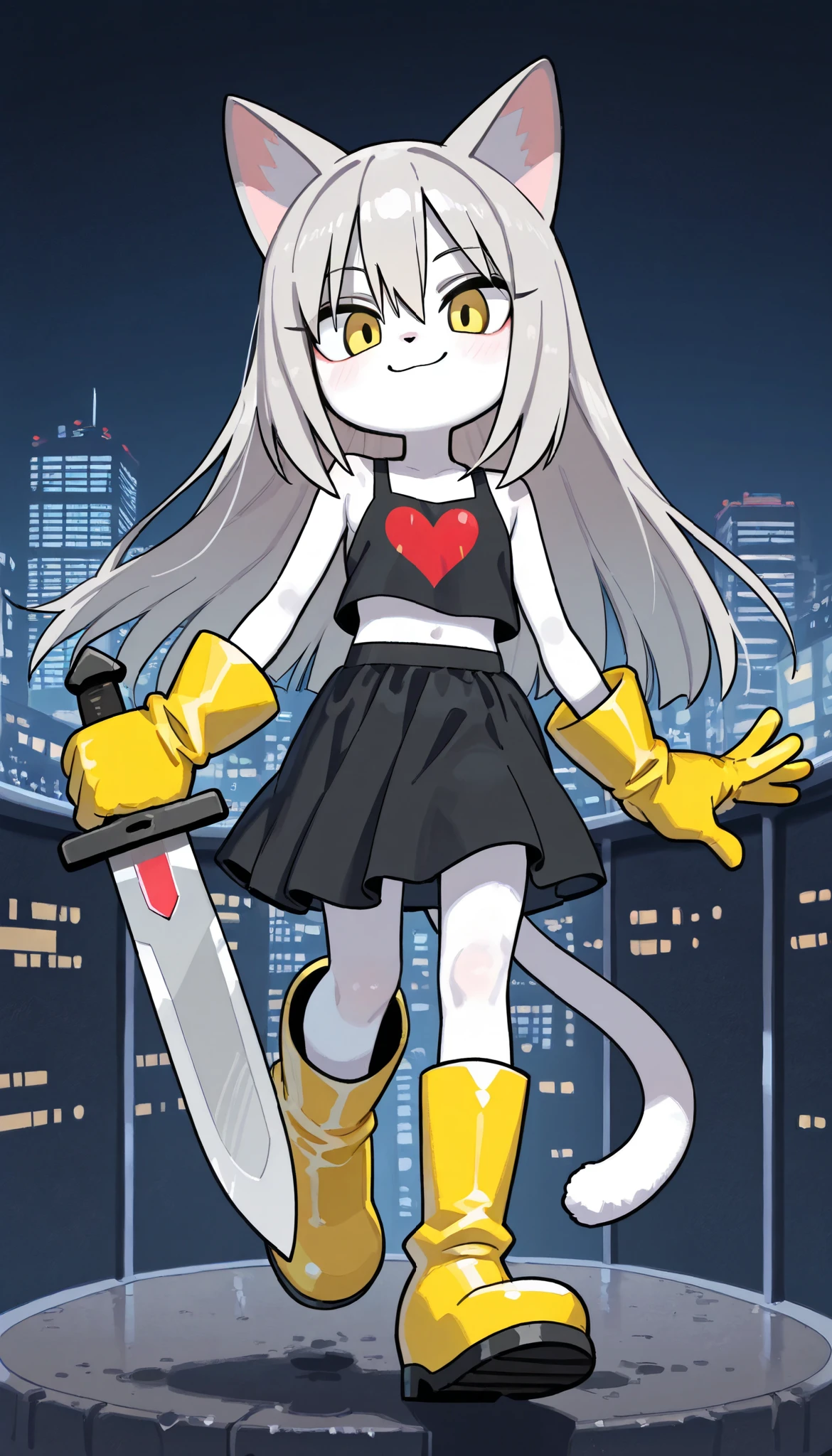 score_9, score_8_up, score_7_up, 1girl, solo, masterpiece, best quality, amazing quality, very aesthetic, absurdres, source furry, cat, mobian cat, yellow eyes, white body fur, gray hair, straight spiky bangs, long straight spiky hair, cat ears, cat features, looking at viewer, smile, oily skin, (short body, tiny body), big head, closeup, ((black tank top with red heart print, midriff, black dress skirt, yellow gloves, yellow boots, black shoulders)), full body, cat tail, city on background, holding a great knife, small chest, prepare to fight,