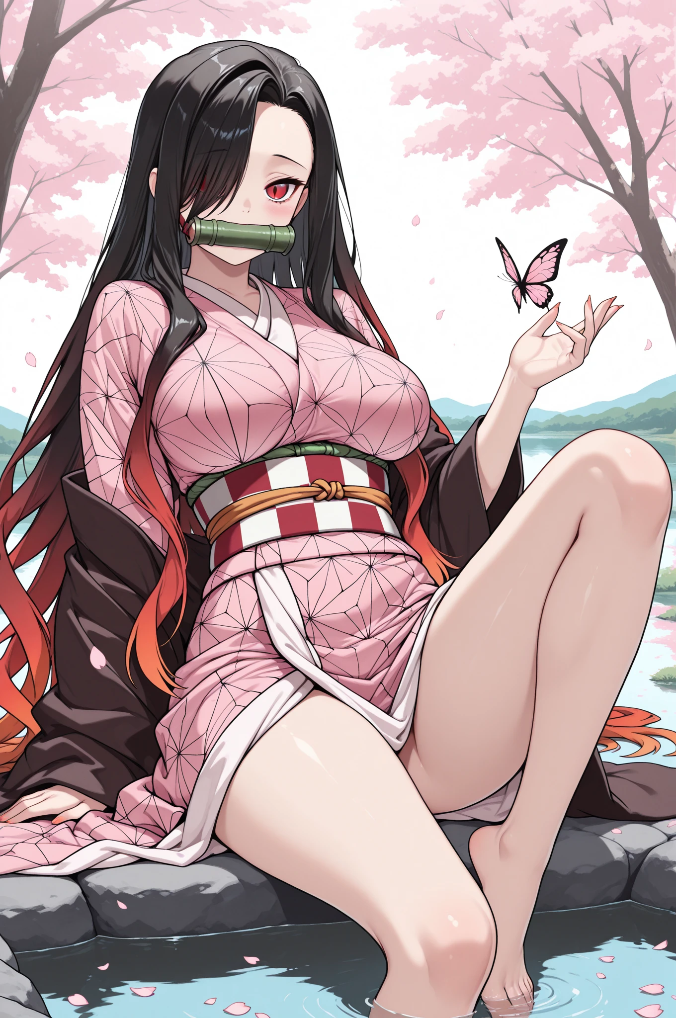 1 woman, full body, nezuko kamado oni mode, with bamboo in her mouth, demon hunter, Kimetsu no yaiba, beautiful, long hair, pink eyes, perfect, ultra hd, naked, showing her breasts, showing her pussy, nails like claws, perfect feet, demon hunter scenario, under a sakura tree, sakura leaves falling from the sky, angry face, beautiful feet, beautiful pussy, beautiful tits, legs open (showing the pussy in great detail)