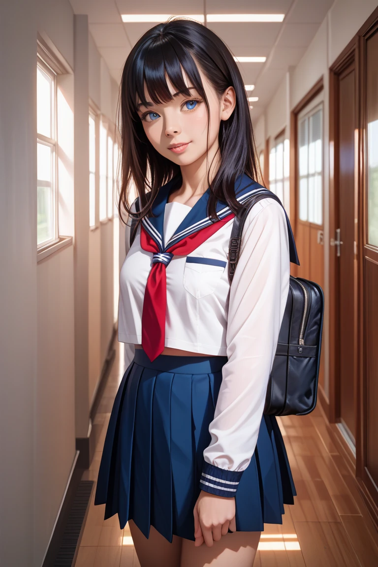 (最high quality, 8K, masterpiece: 1.3, Ultra HD, high quality, 最high quality, High resolution, realism)) 、slender、slenderだがアスリートのような細マッチョ、I don&#39;t want my head to disappear from the screen.、inner color((colored inner hair))、Smile((smile))、black hair((black hair))、black eye、Wear a summer sailor uniform、Wear a navy blue pleated skirt、wear white socks、stand on the embankment、Vertical roll on one side((side drill))、An empty classroom after school、A view of a woman standing at a blackboard from the back of the classroom、desks are lined up