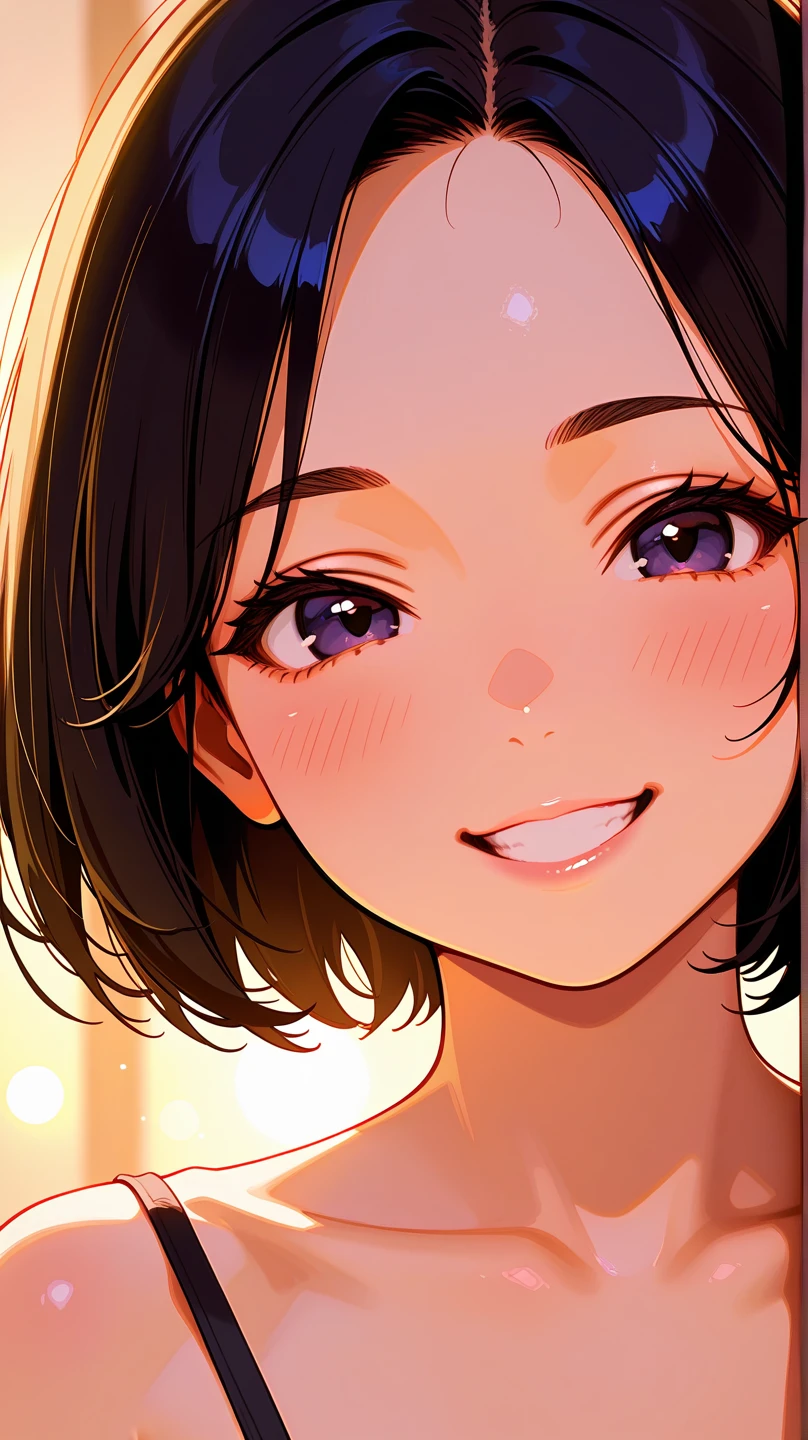 beautiful woman from the side, looking down, lob haircut, bending head forward, hanging hair, shiny black hair, anime style, wearing loose white camisole, (best quality,4k,8k,highres,masterpiece:1.2),ultra-detailed, HDR,UHD,studio lighting,ultra-fine painting,sharp focus,physically-based rendering,extreme detail description,professional,vivid colors,bokeh,portraits, seinen anime, serious anime