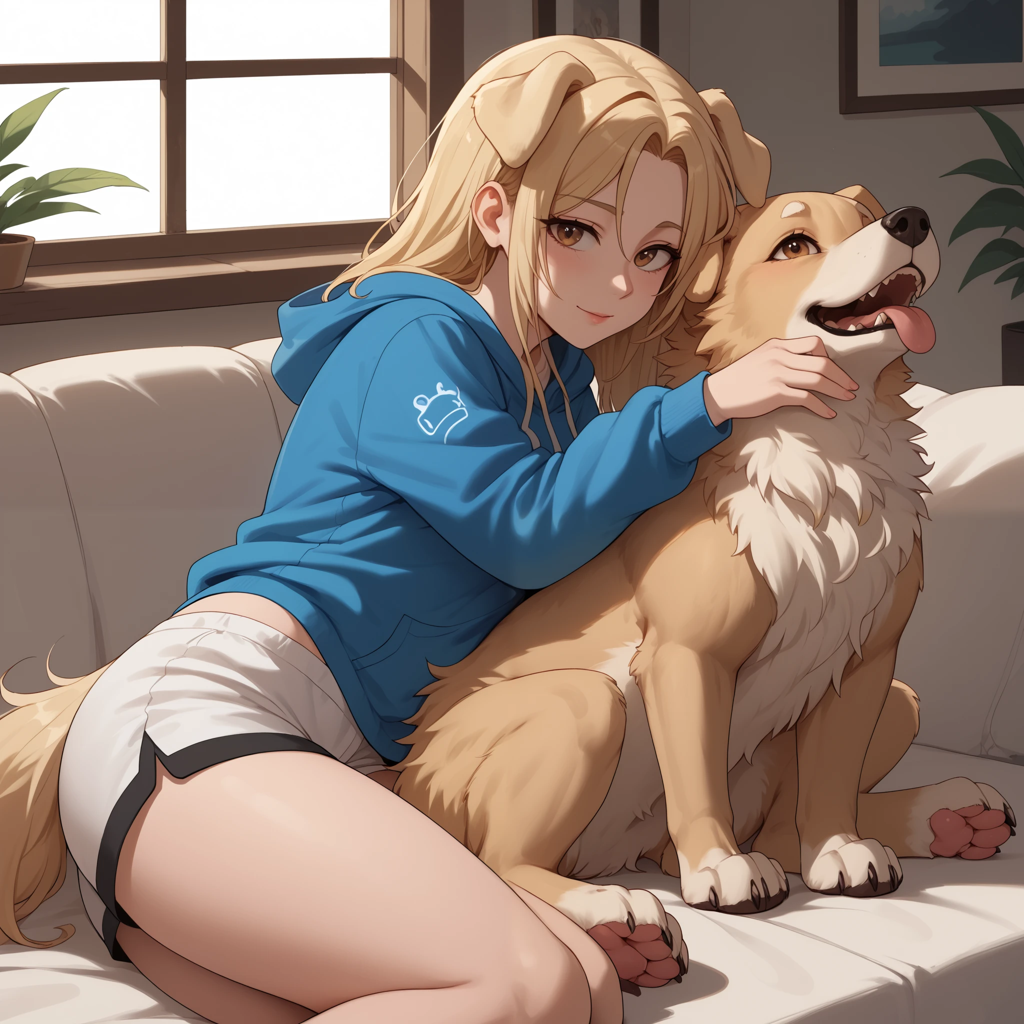 (Masterpiece) (High Detail) (High Res) A short curvy slim Humanoid canine female with pale human skin and brown eyes and long blonde straight hair and fluffy blonde floppy doggy canine ears and a long fluffy blonde doggy canine tail and medium breasts. She is cuddling with a feral golden retriever. Human and animal. She is wearing an oversized baggy hoodie and shorts.