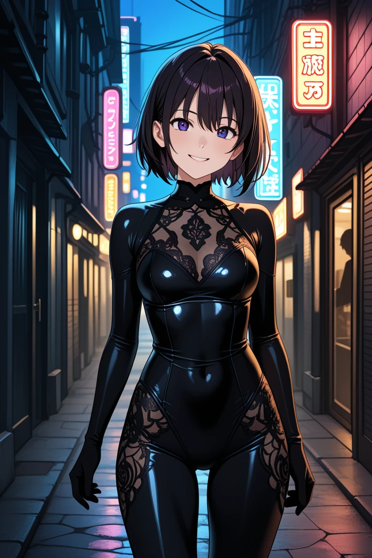 (8K、Highest image quality、highest quality、masterpiece)、detailed face、1 girl、black hair、bob cut、blunt bangs、gray eyes、tooth、smile、small breasts、serafuku、short sleeve、leotard、black pantyhose、cowboy shot、Taken from above、rooftop、Overlooking the night view、