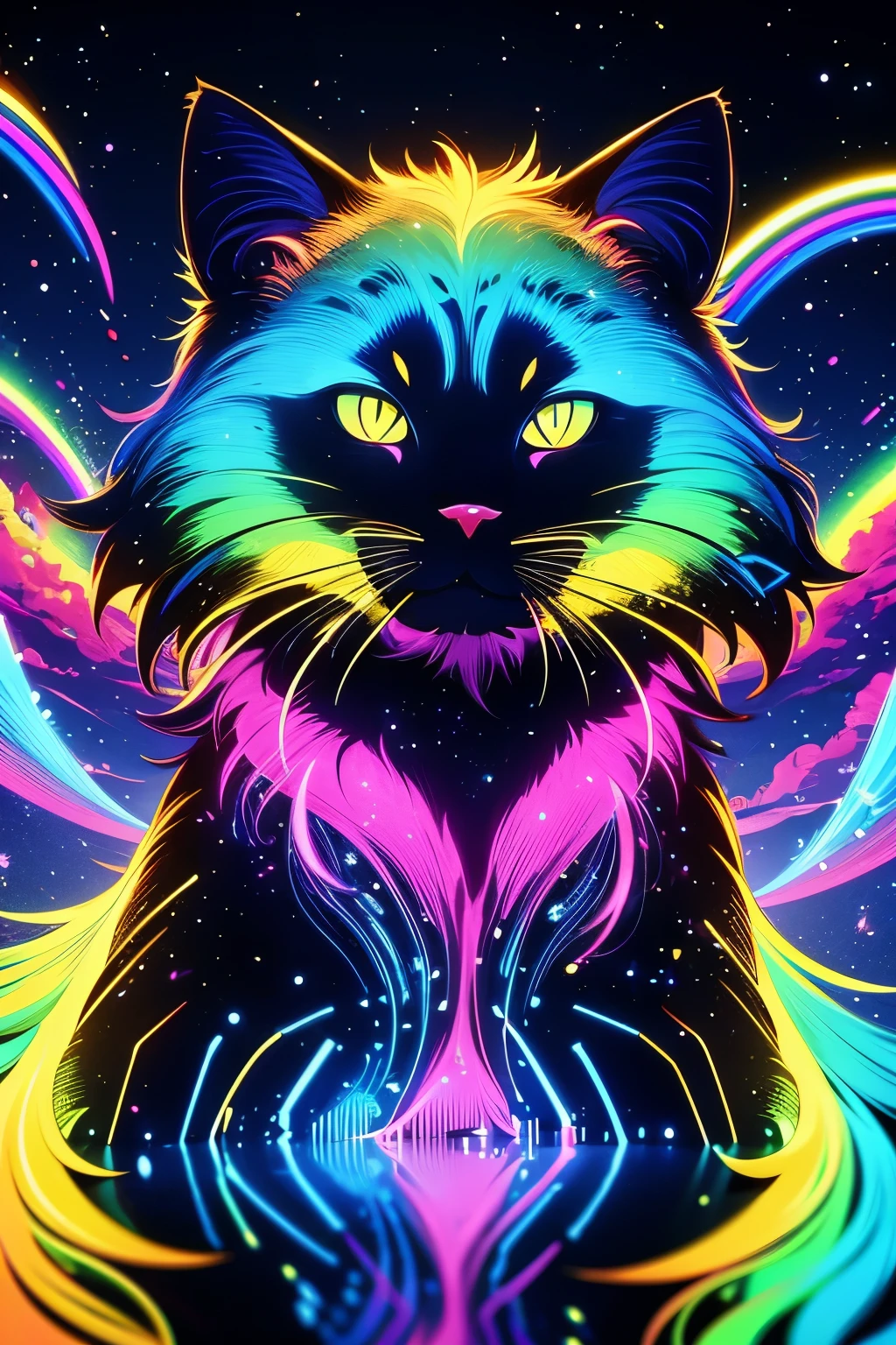 best quality, beautiful, a cat, concept art, full body shot, black background, rainbow, rainbow gradient, black, macro shot