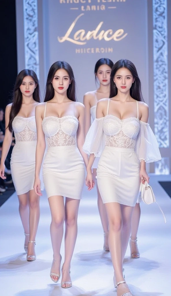 A slim Japanese woman with long wavy hair and amazingly white skin.、Two girls with white skin, big round eyes, and a cute smile with white teeth.0A beautiful woman aged 20 years old with large breasts and a very slim waist.、Smiling with his face tilted to one side、A woman wearing a mini-length party dress made of sheer, shiny satin mermaid design is walking down the runway at a fashion show.、Full-body photo quality、Her dark panties are clearly visible through the thin, sheer fabric of her dress.、Color Dress