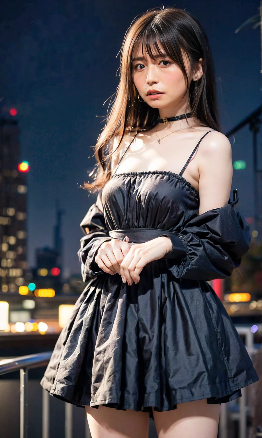 masterpiece, highest quality, 8k high quality photo, cinematic lighting, deep shadow, 1girl, gorgeous face, fearless smile, smooth soft parl skin, light-blown medium wavy hair, looking into camera, (standing on european street), model posing, front view,((cowboy shot)), (frilled dress:1.2), at late night, ((night:1.5))