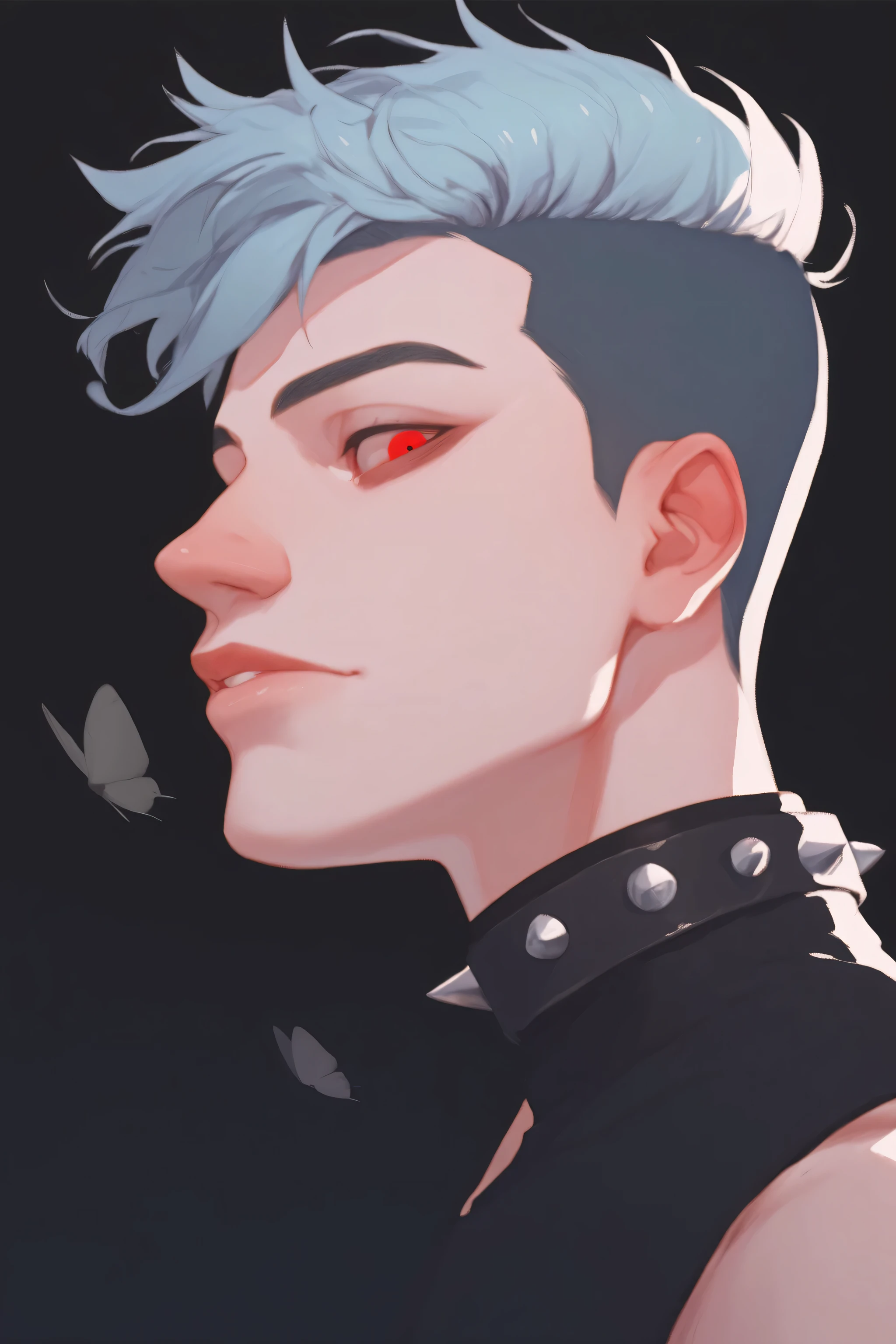 Male, light blue hair,red eyes,black spiked choker,black croptop, dark background, creepy woods,pale skin,moths flying around,undercut hair style,punk, punk clothing, nose pricing, broad nose